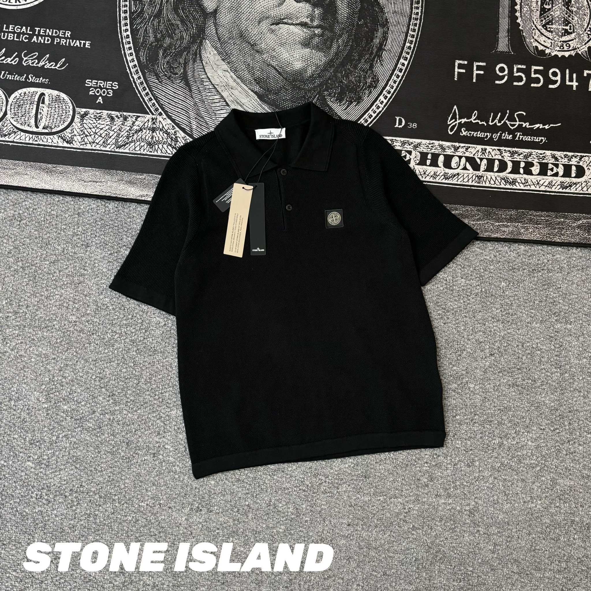 Stone Island Style Compass Patch Knit Polo Shirt