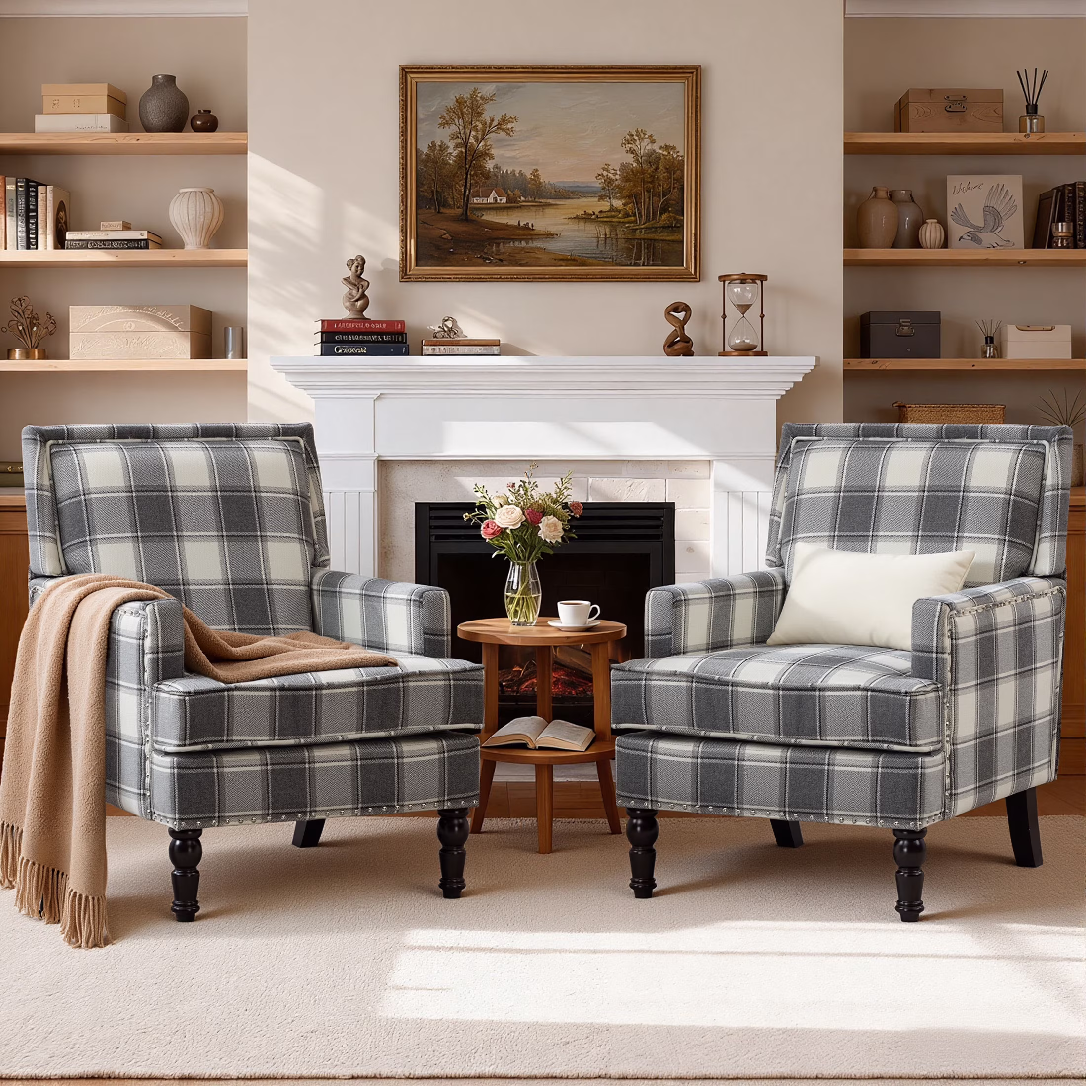 Paproos Upholstered Accent Chair Set of 2, Vintage Arm Chairs with Blue White Striped Linen Fabric, Nailhead Trim, Comfy Reading Lounge Chairs for Living Room, Bedroom, Blue