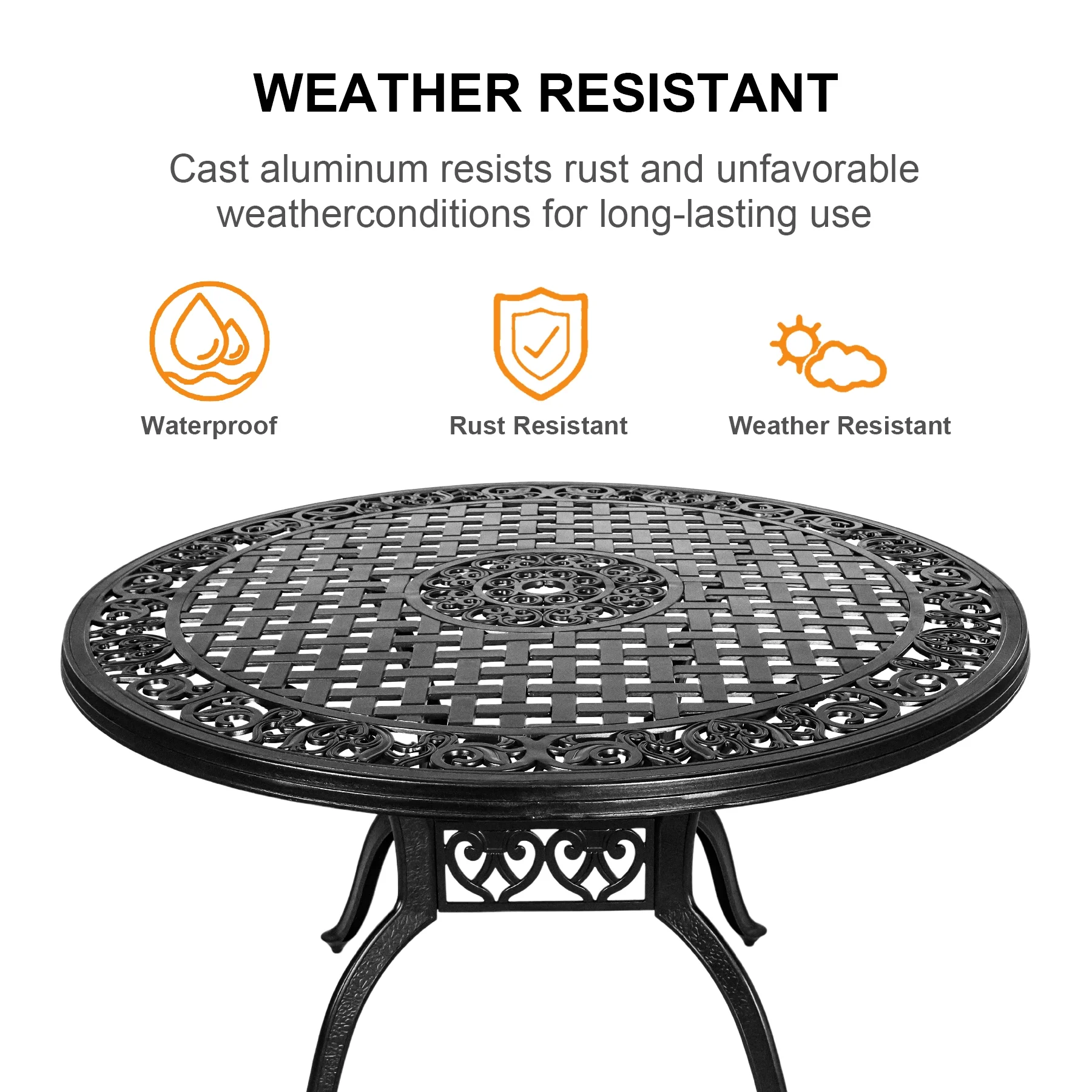 48 Inch Outdoor Dining Table Round Patio Bistro Table Powder-Coated Cast Aluminum Frame Patio Dining Table Garden Table with Umbrella Hole (Black)