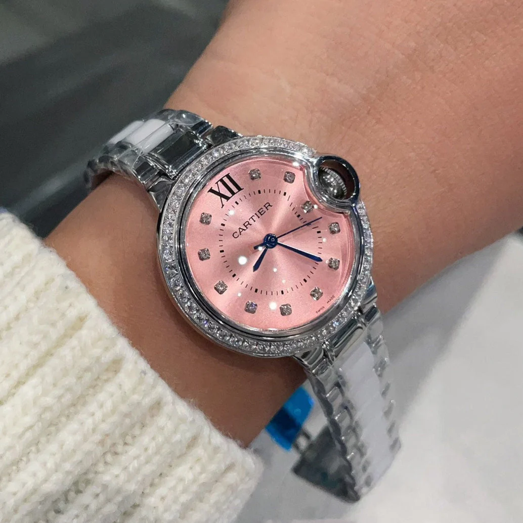 Cartier Watch Men Bleu Balloon 33mm Silver Pink Dial