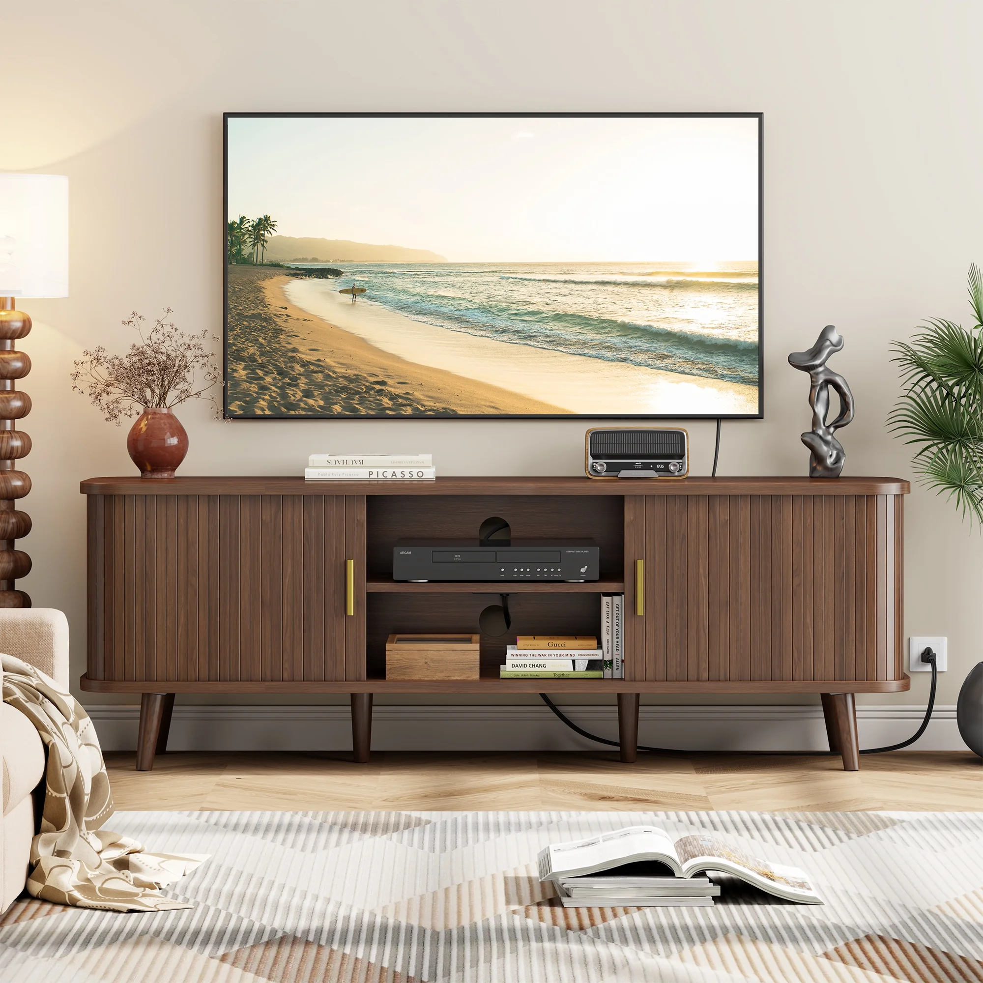 Laintene 59" TV Stand, Fluted TV Stand for TVs up to 65", Entertainment Center with Storage and Sliding Doors, Modern Media Console with Power Outlet for Living Room, Walnut
