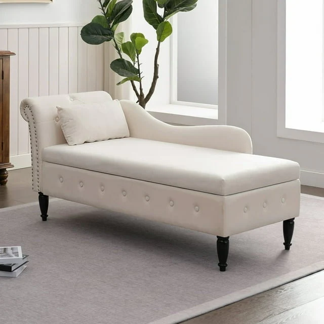 MUZZ Modern Velvet Chaise Lounge Indoor Chair,Tufted Long Lounge with Pillow for Living Room/Bedroom/Office（Beige)
