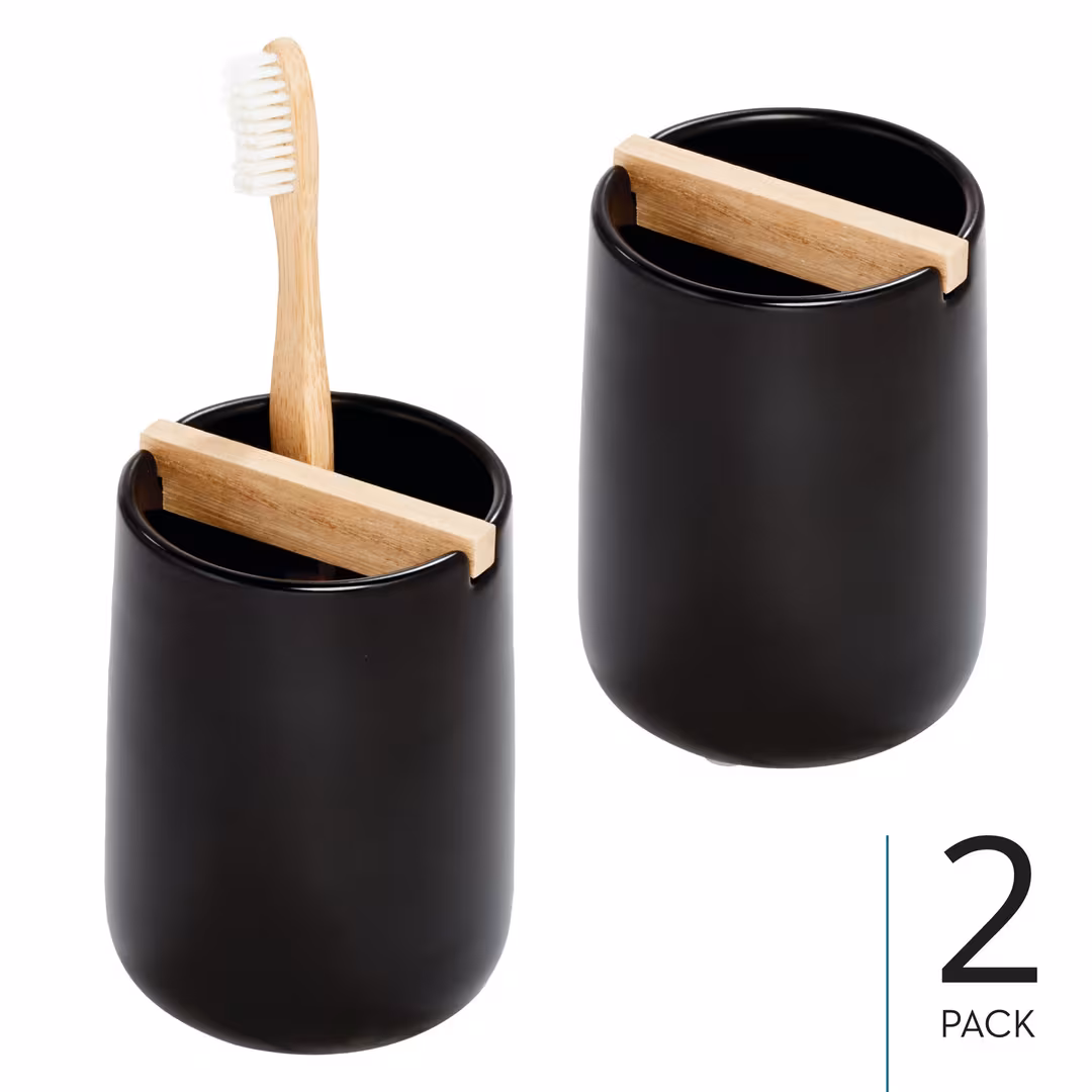 iDesign  Matte Black Toothbrush Holder with Removable Wood Divider