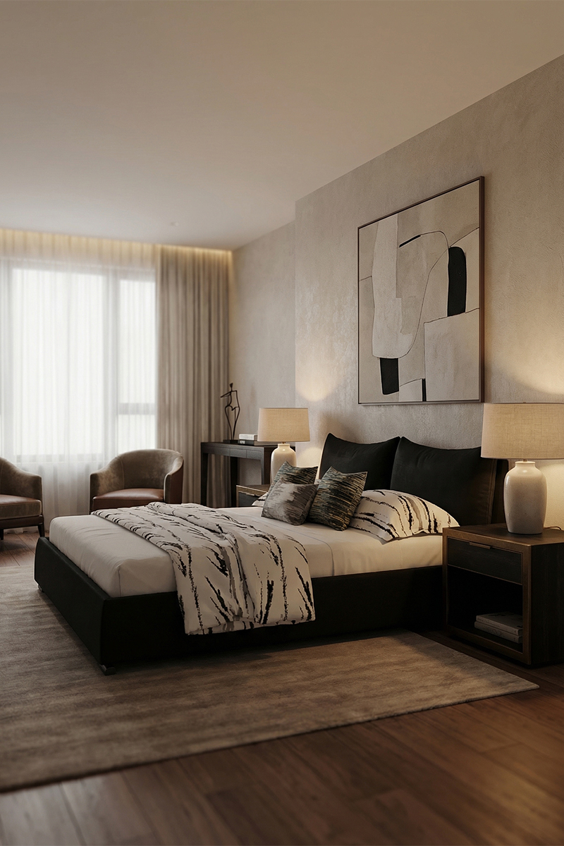 Italian minimalist black fabric bed, Wabi Sabi style, 1.8-meter master bedroom soft pack bed, cow horn bed, hotel, apartment