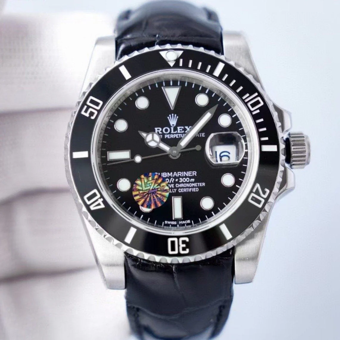 Rolex Watch SUBMARINER DATE BLACK DIAL LEATHER STRAP