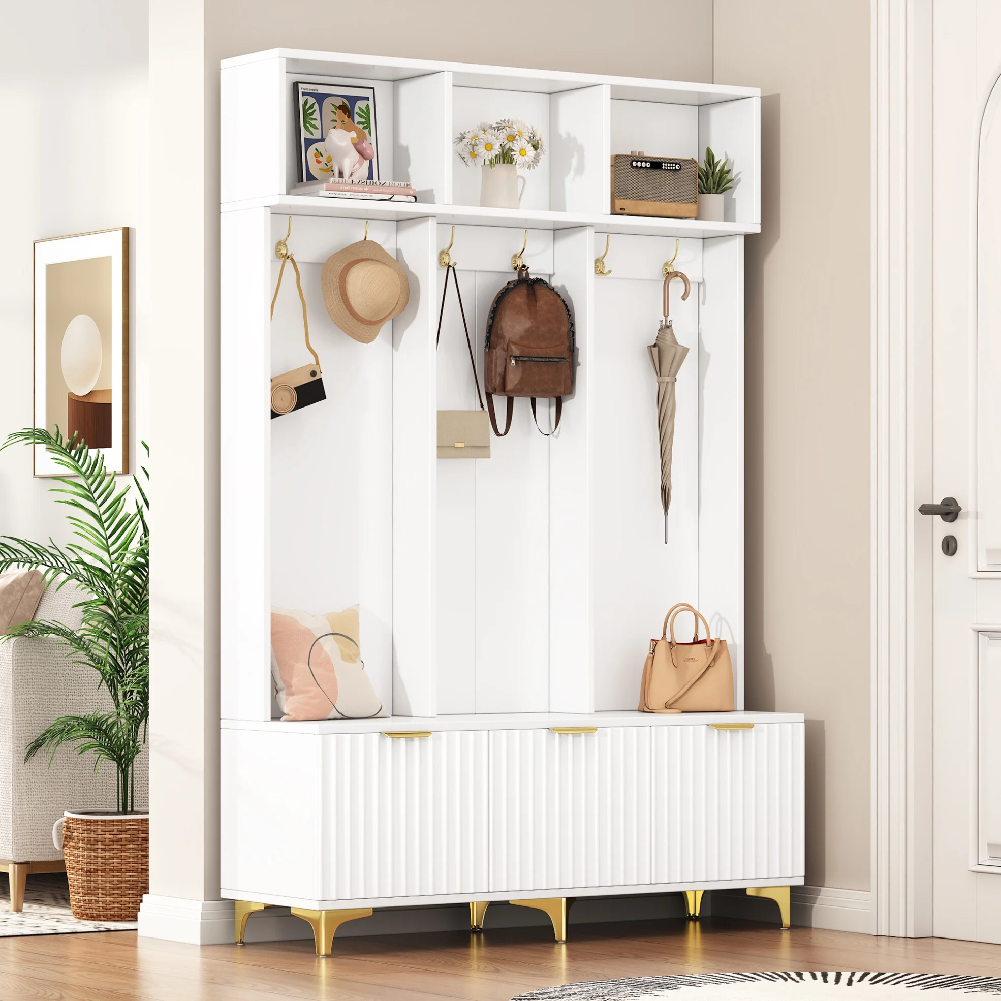 75.4" Large Storage Hall Tree, Modern Multi-Functional Storage Bench with High Gloss Fluted Doors, Luxurious Coat Rack with 6 Gold Hooks, Tall Storage Cabinet for Living Room, Living Room, White