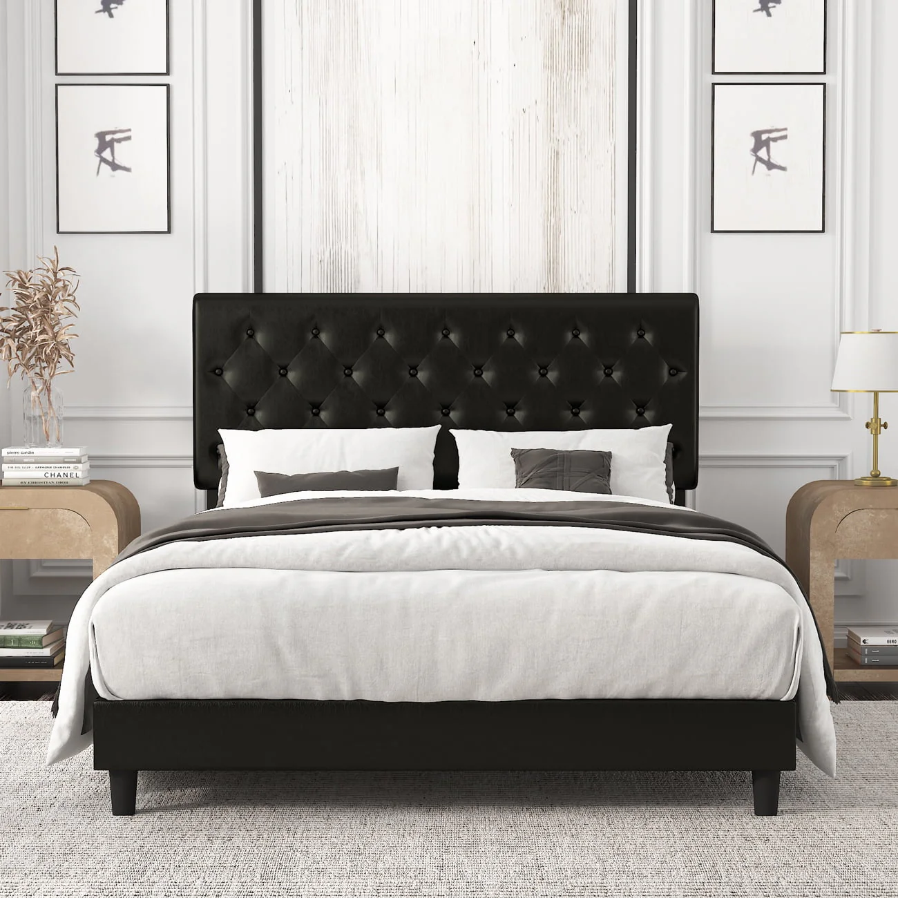 Amolife Queen Bed Frame with Headboard, Diamond Button Tufted Style, Black