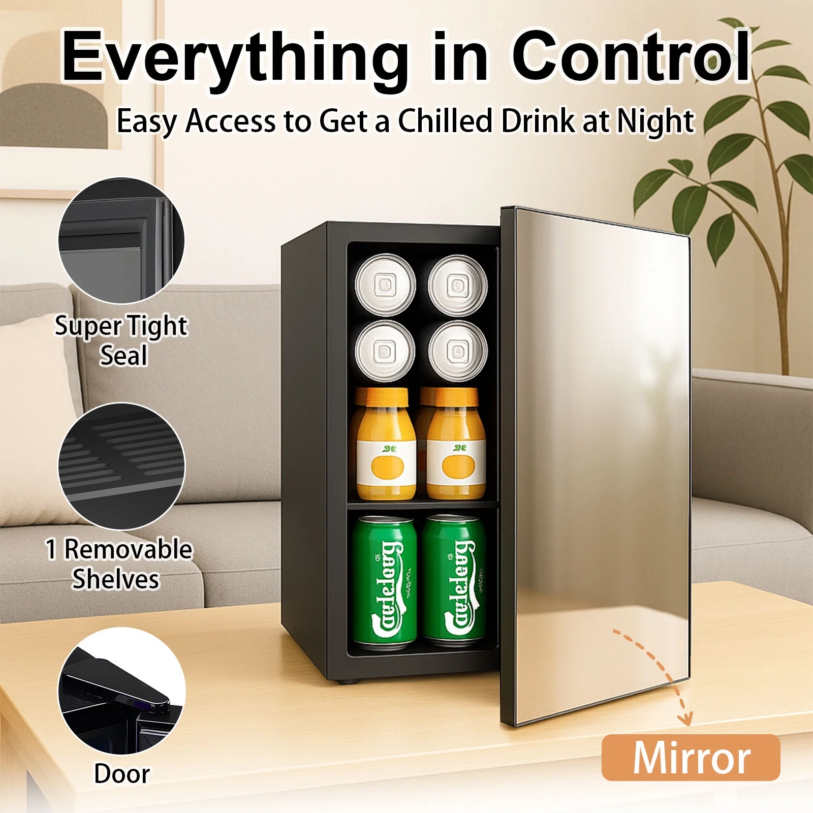 24Can/0.9Cu Mini Refrigerator and Personal Beauty Cooler, Mirrored Door Compact Beverage Fridge for Beer,Wine