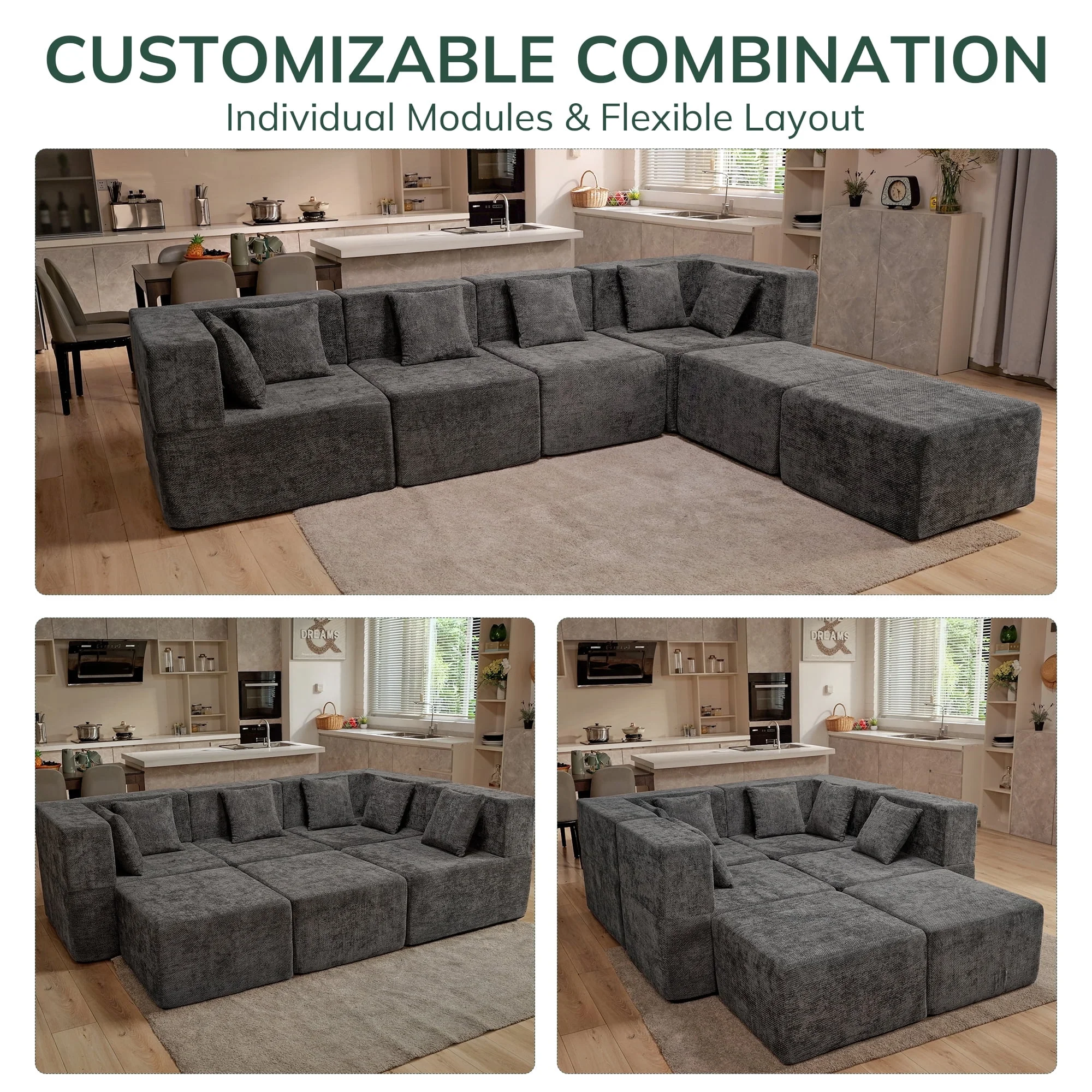 Behost 130" Oversized Modular Sectional Sofa for Living Room Furniture, Chenille Cloud Couch with Ottomans, Dark Gray