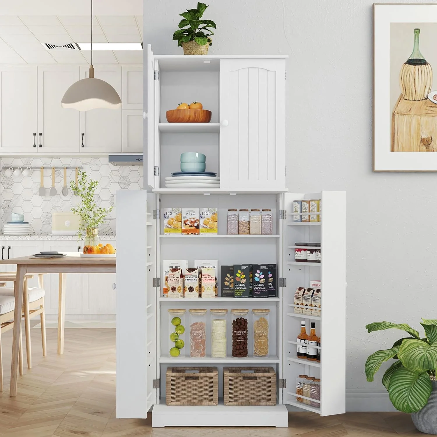 Yusong 64'' Kitchen Storage Cabinet, Tall Pantry Storage Cabinet with Doors and Shelves, Food Free Standing Pantry for Kitchen Dining Living Room, White