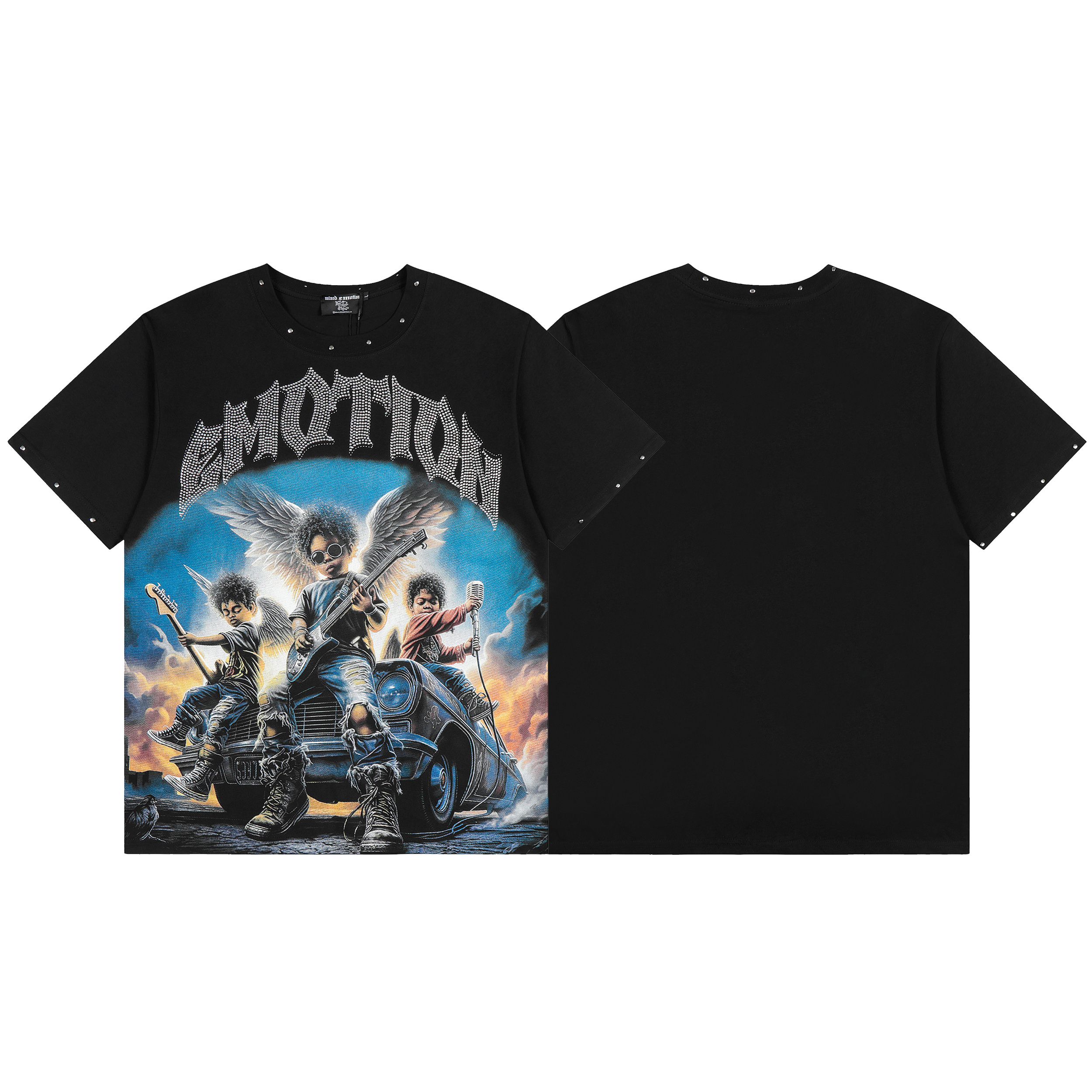 Cool and handsome guitar boy short-sleeved shirt with diamond letter printing