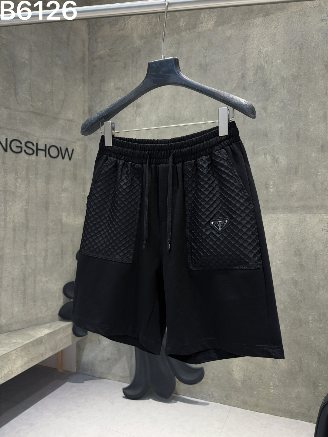 Prada Style Enamel Triangle Logo Quilted Pocket Sweat Shorts
