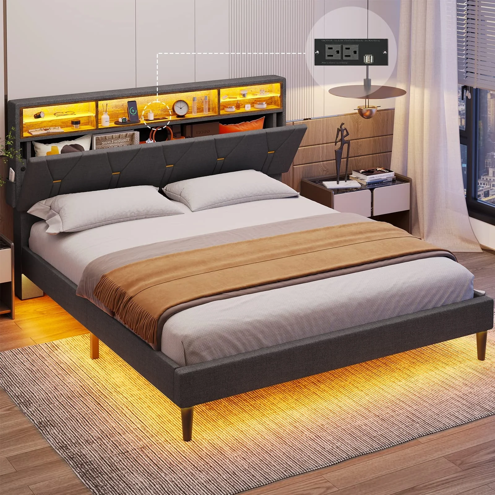 Tiptiper Queen Size Bed Frame with LED Lights, Platform Bed Frame with Bookcase Headboard, LED Bed Frame with Outlets and USB Ports, Upholstered Bed with Hidden Storage, Dark Gray
