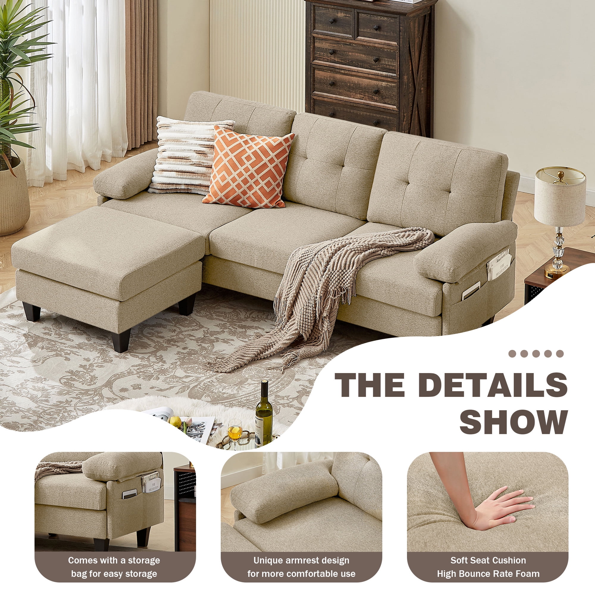 Soscana Sectional Sofa Couch with Reversible Ottoman and Side Pockets, 3 Seat L Shaped Couch with Detachable Armrest Pillows ,Modern Linen Sofa Couch for Living Room,Apartment,Office,Studio