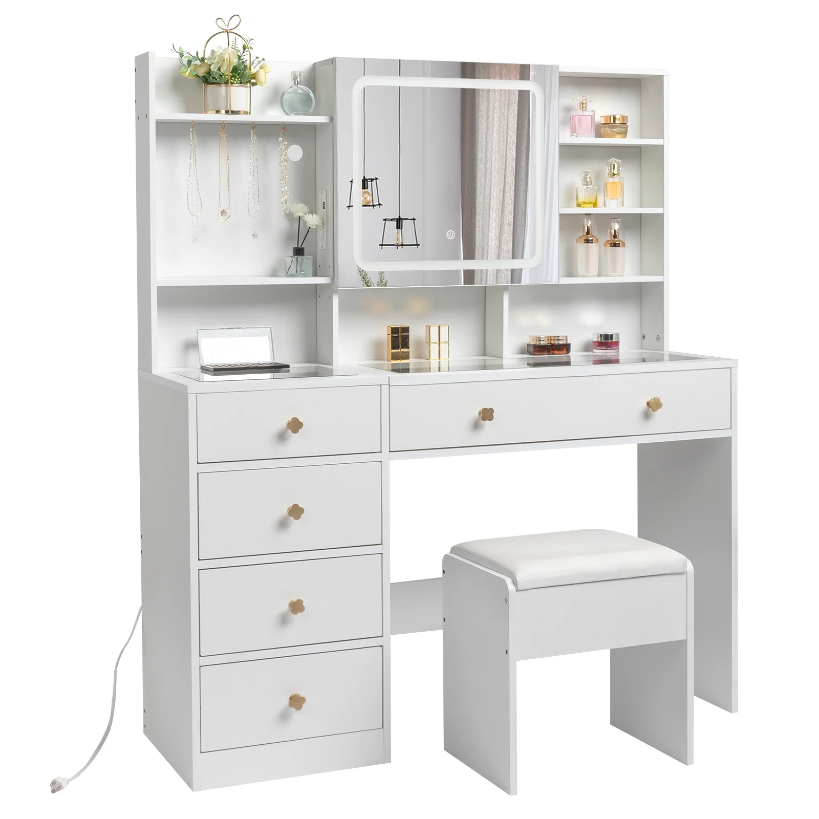 Ktaxon Large 47.2" Makeup Vanity with 3 Color Lights, Vanity Desk with USB Charging Station, Vanity Makeup Table with Visible Drawers, Hidden and Open Storage Shelves, White