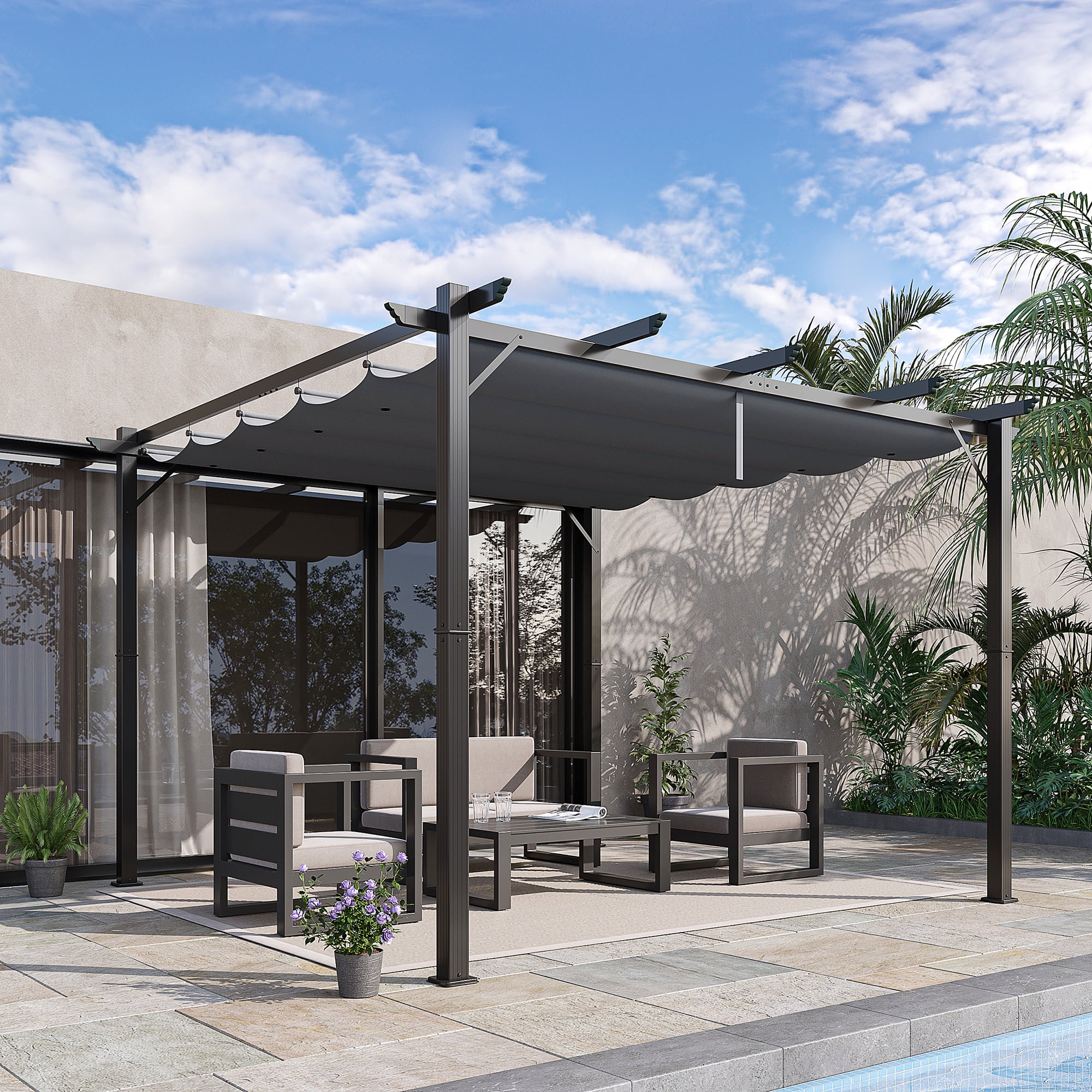 Homiyad Patio Pergola: 10x10, Gray Aluminum with Retractable Canopy for Backyard Shade