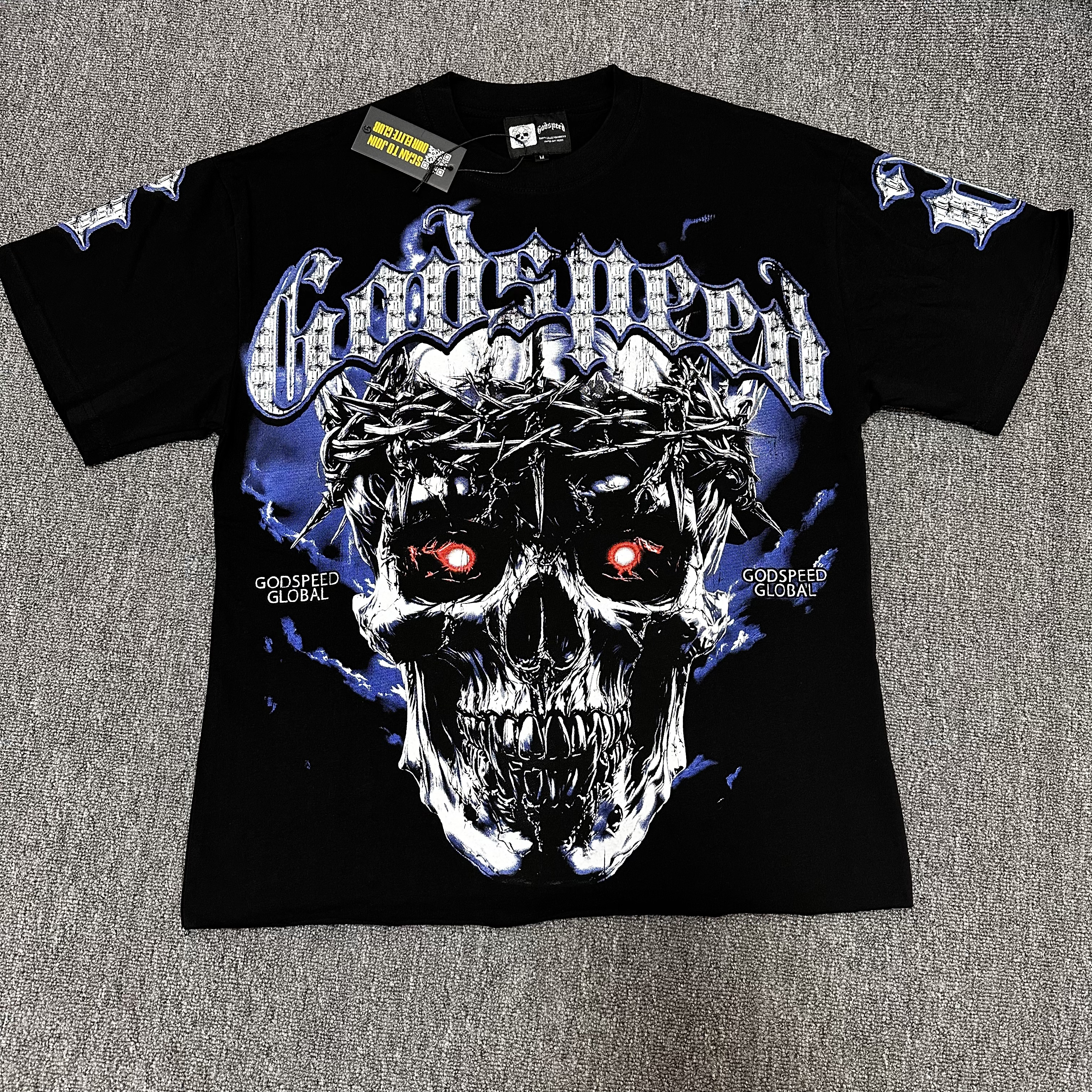 Black metal-knitted short-sleeved shirt with mechanical skeleton head print