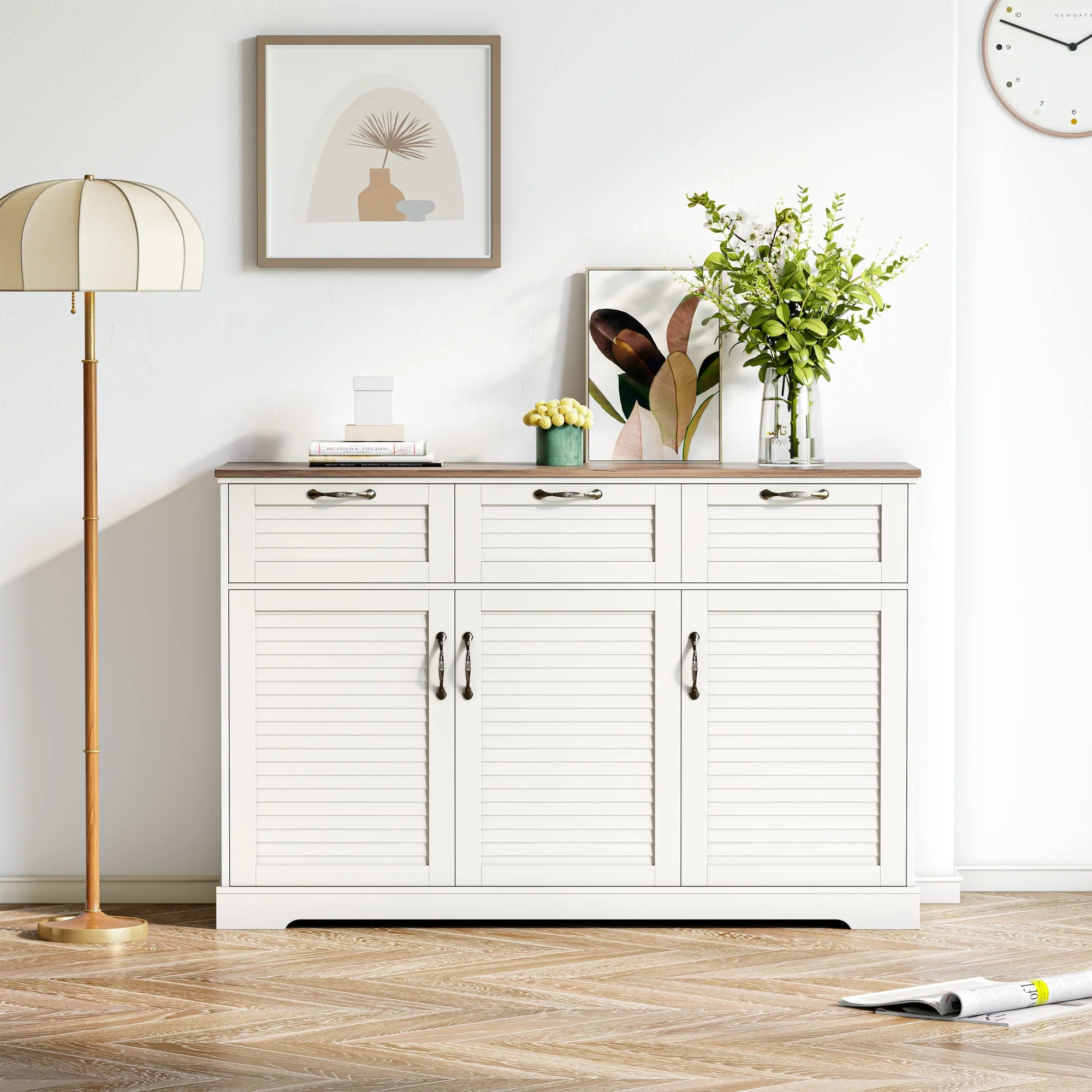 Homfa 53.5'' 3 Drawer Kitchen Buffet Cabinet with Adjustable Shelves, Wood Storage Cabinet with 3 Doors for Dining Room, White