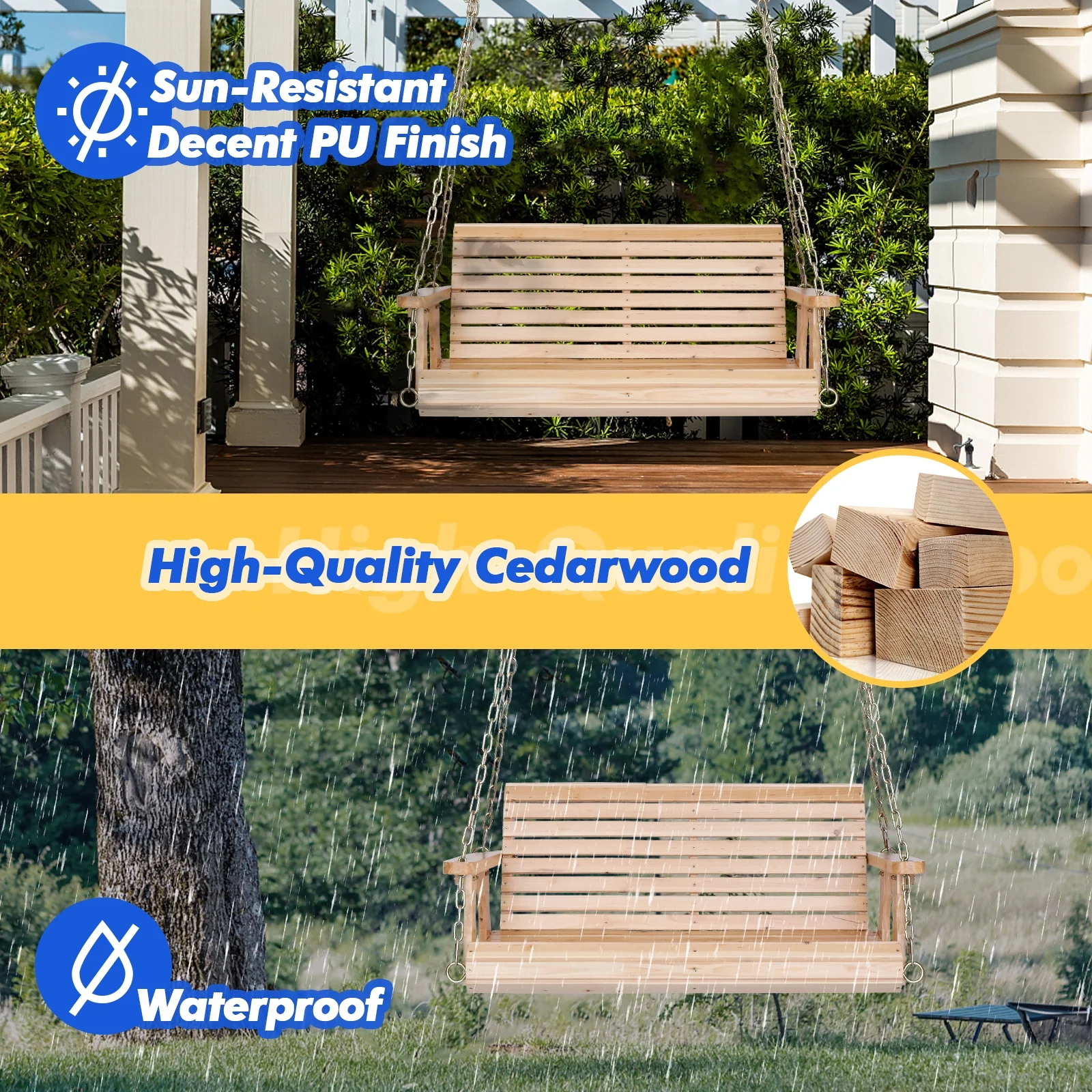Zimtown Patio Wooden Porch Swing Swing Chair Bench Heavy Duty 880lbs with Hanging Chains for Outdoors,4 FT, Natural