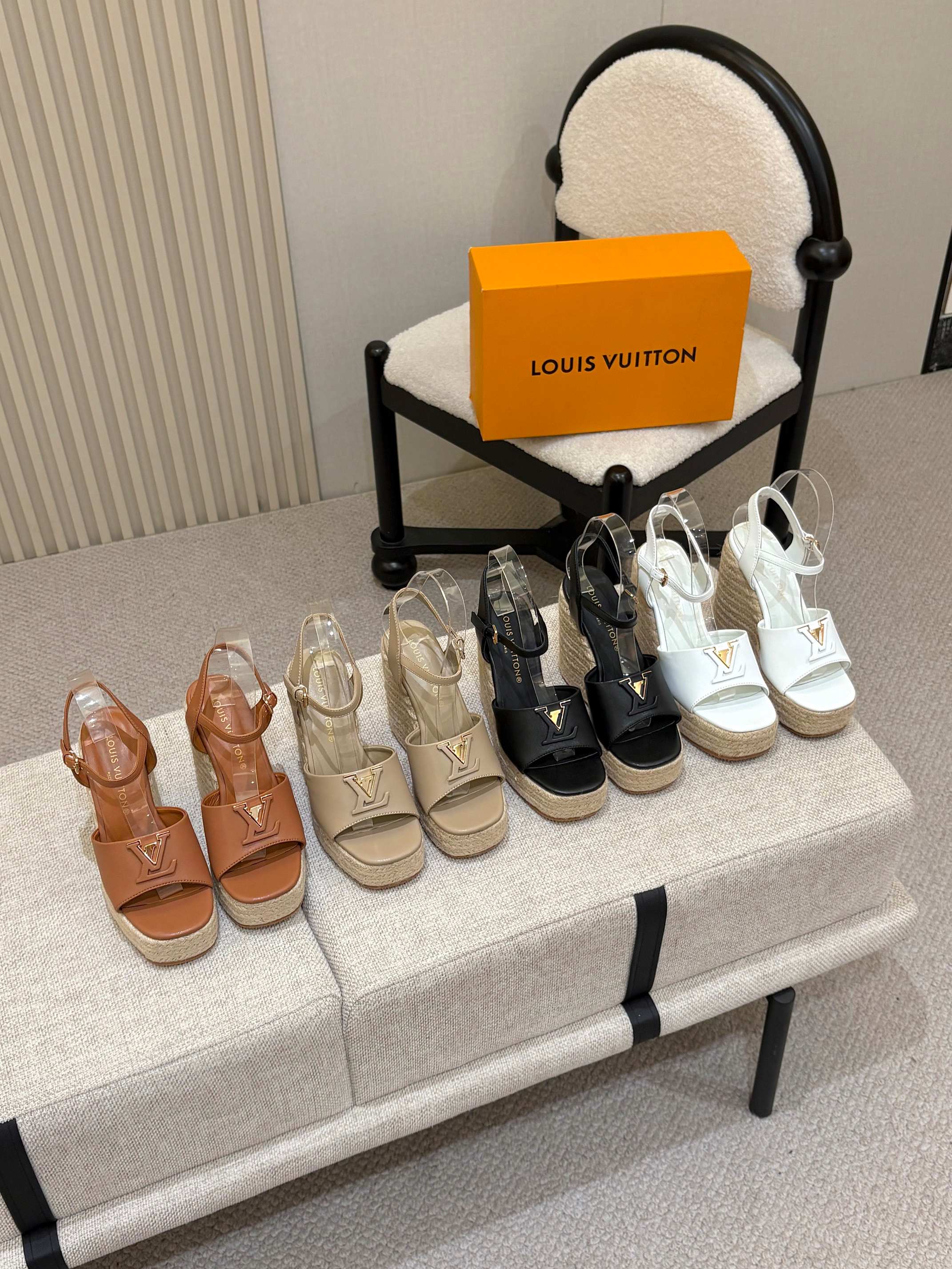 LV Isola Cut-Out Leather Woven Jute Rope Espadrille Platform Wedge Sandal