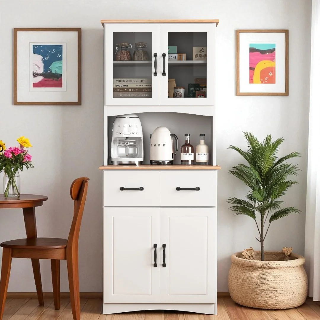 GZXS Long Standing Kitchen Cabinet, 2 Storage Drawers, Large Open Space for Microwave, White