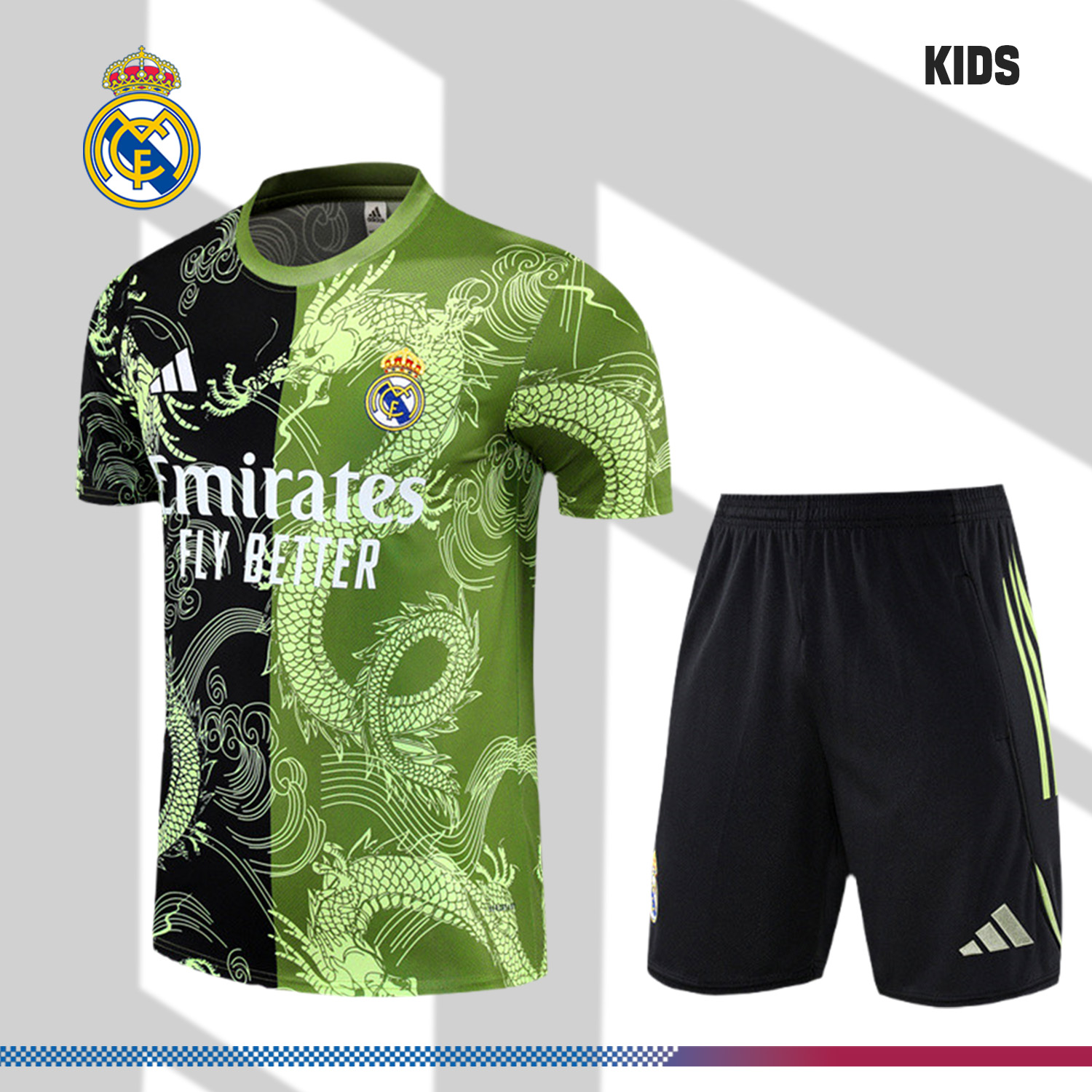 2025/2026 Real Madrid dark green children's short-sleeved training suit (Adult Kids Kit)
