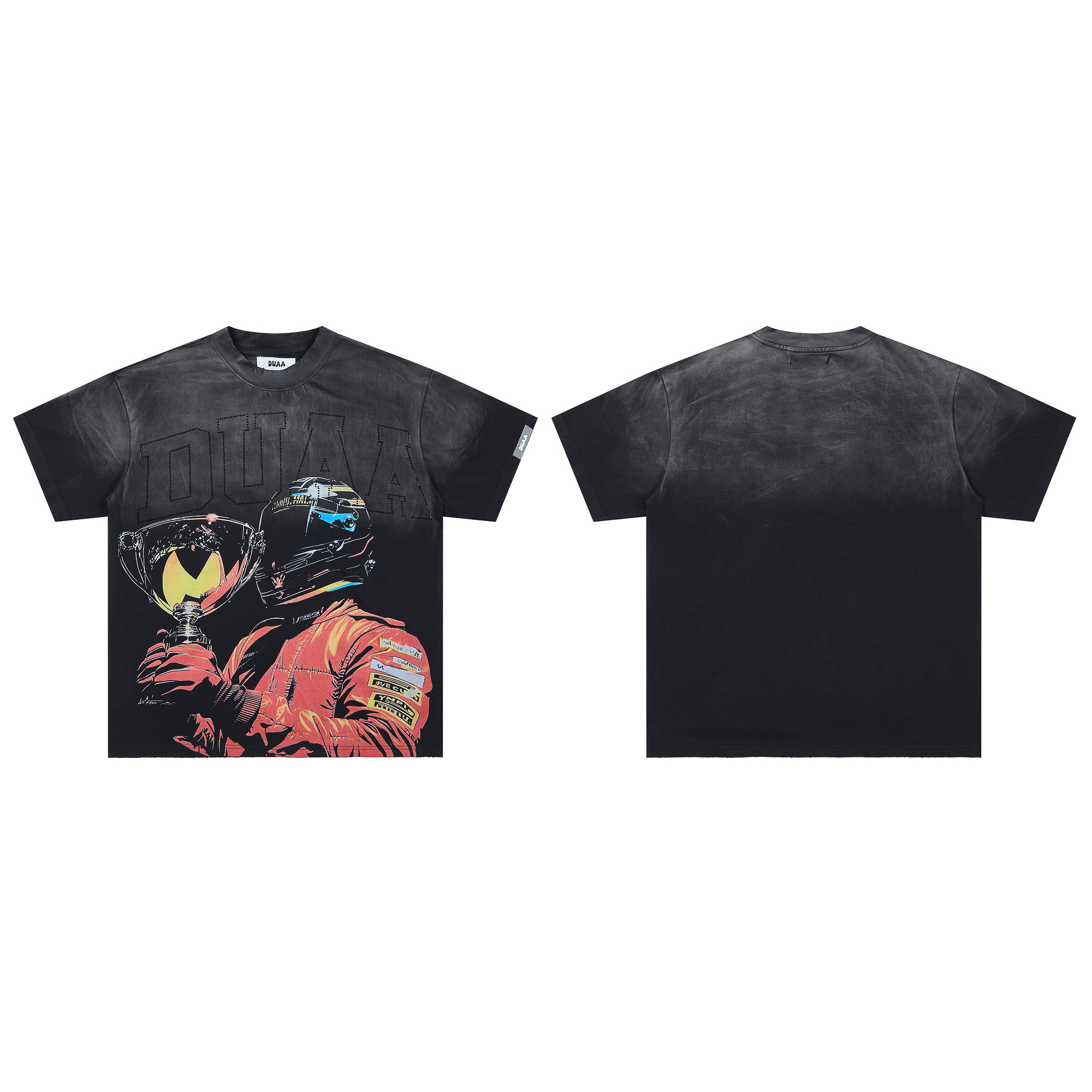 Street fashion brand rhinestone-decorated, washed and distressed, ripped short-sleeved T-shirt