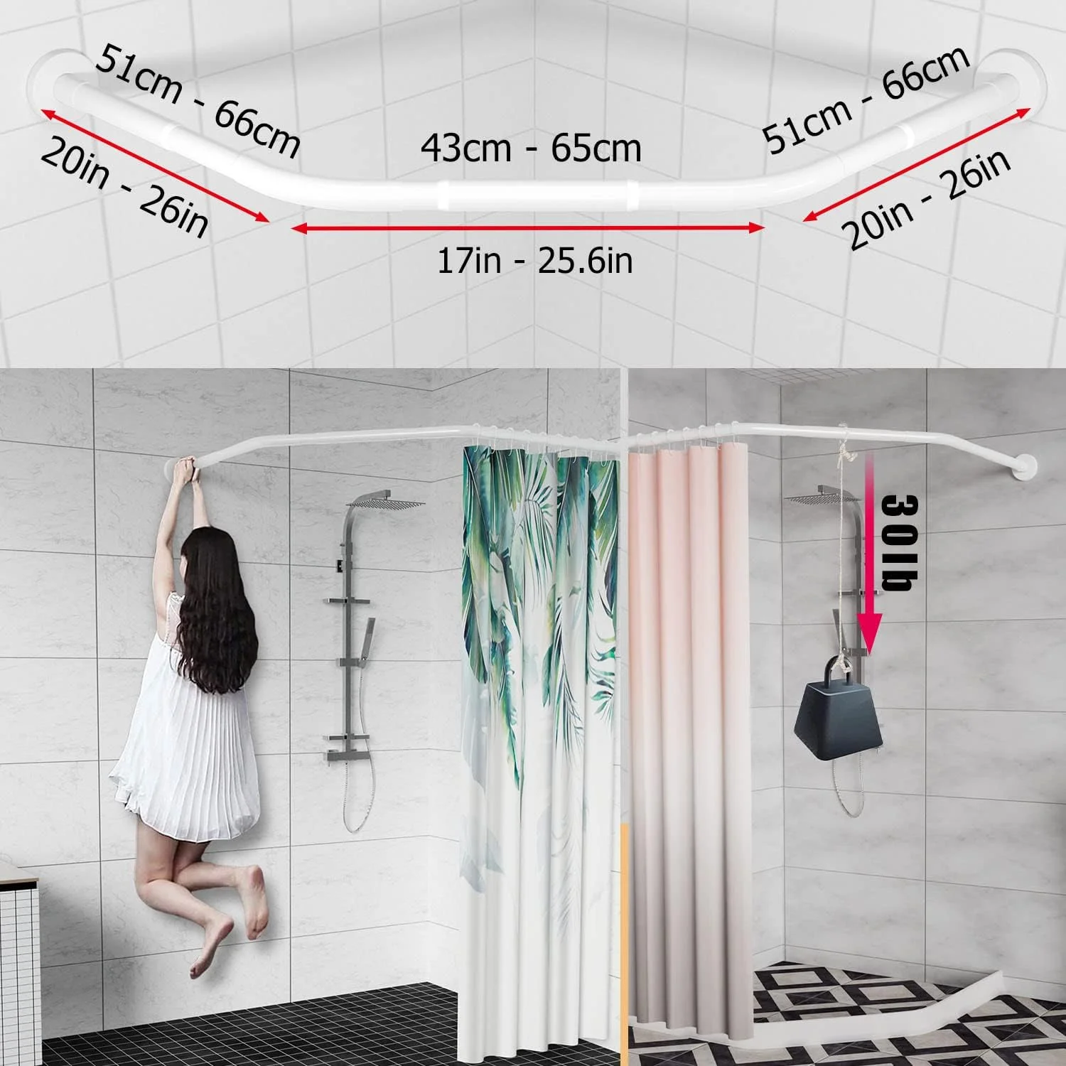 Gleam Adorn Diamond Shaped Shower Curtain Rod (Both Sides: 17"-25.6",Middle:20"-26) Stretchable True 304 Stainless Bathroom Bathtub Corner Rack White