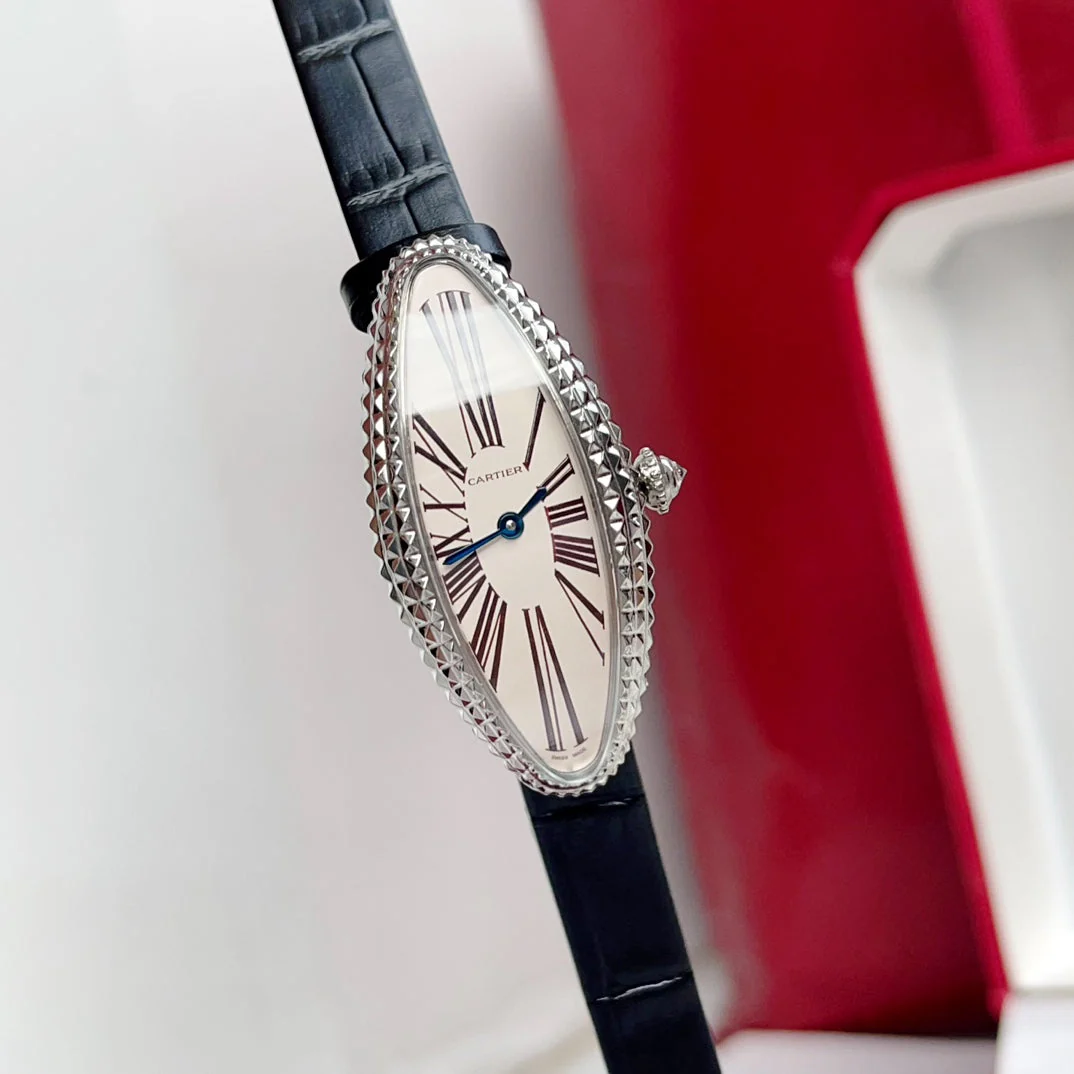 Cartier Watch Vintage Baignoire 21mm Silver Diamond Case Black Leather