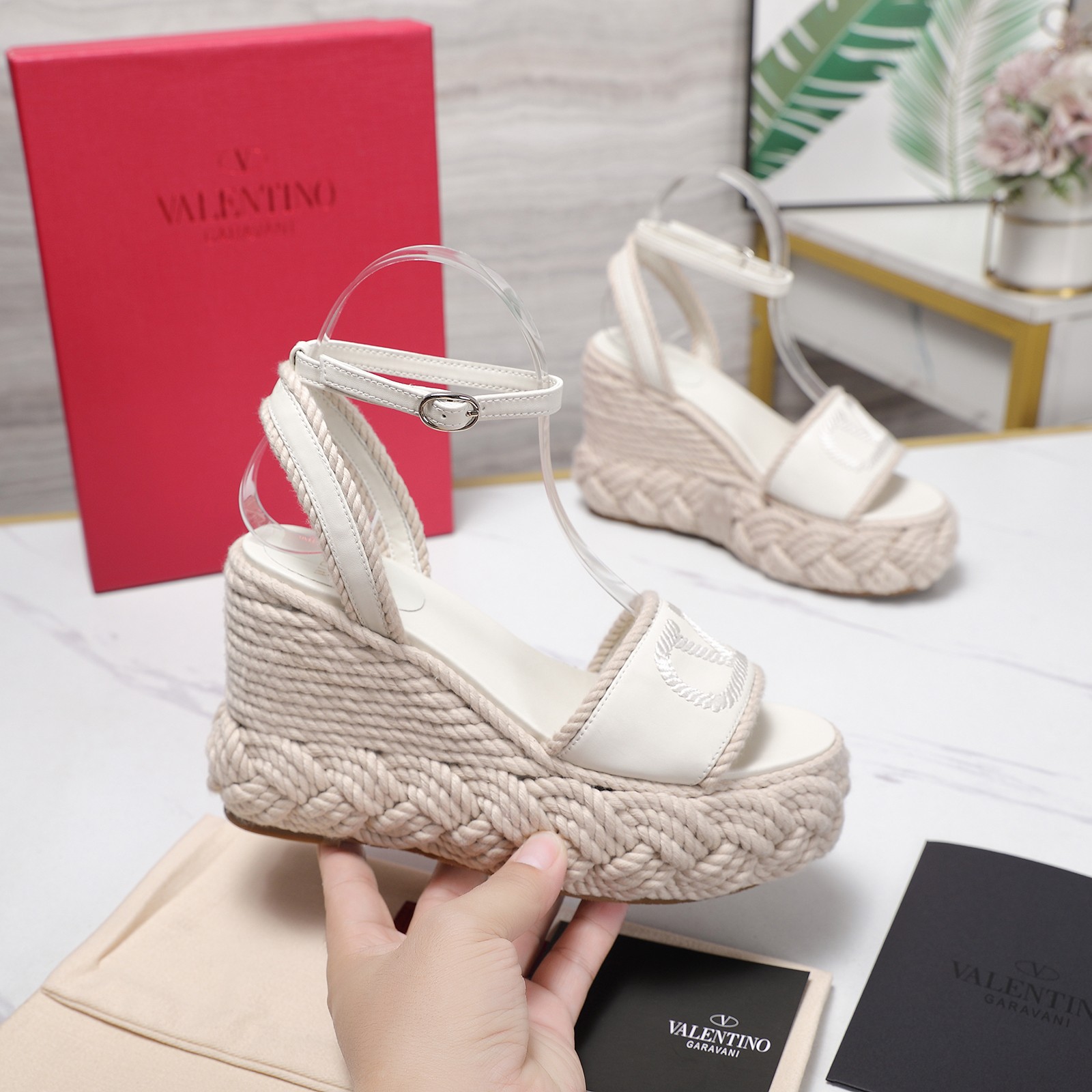 Valentino Garavani White Smooth Leather VLogo Embroidered Platform Jute Wedge Espadrille Sandal Heel