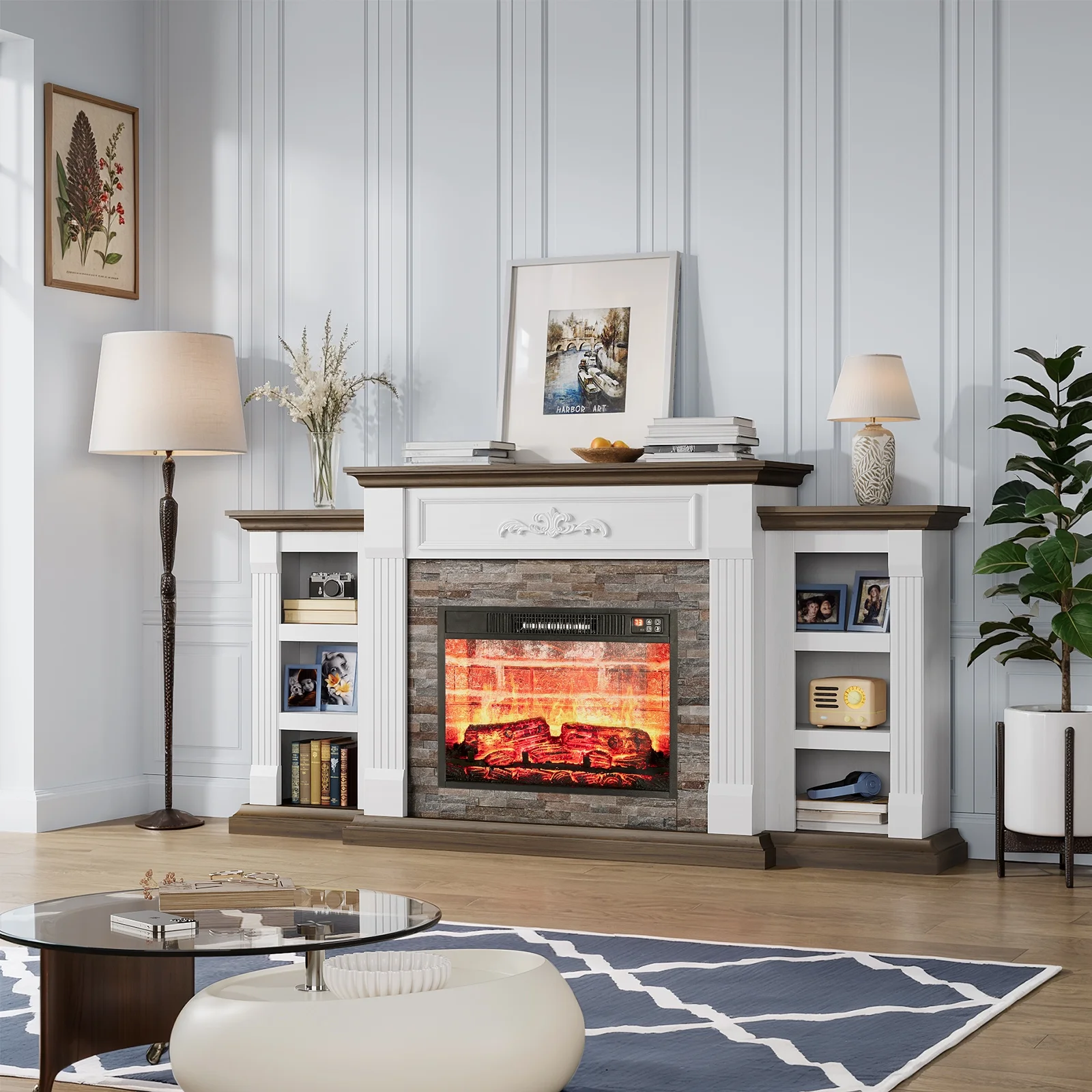 HolliWill 72" Electric Fireplace with Mantel, Farmhouse TV Stand for TVs up to 80", White Entertainment Center with 23" Fireplace Insert Heater for Living Room, Bedroom
