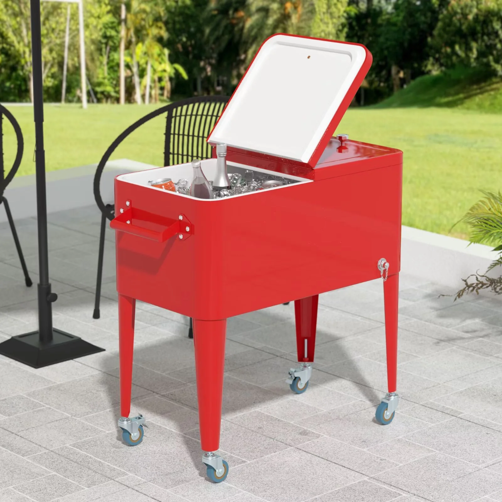 YRLLENSDAN 80 Quart Outdoor Coolers Cart, Rolling Ice Chest Cooler Cart with Wheels, Standing Party Beverage Coolers with Handles and Drain, for Patio, Camping, Picnic, Backyard, Red