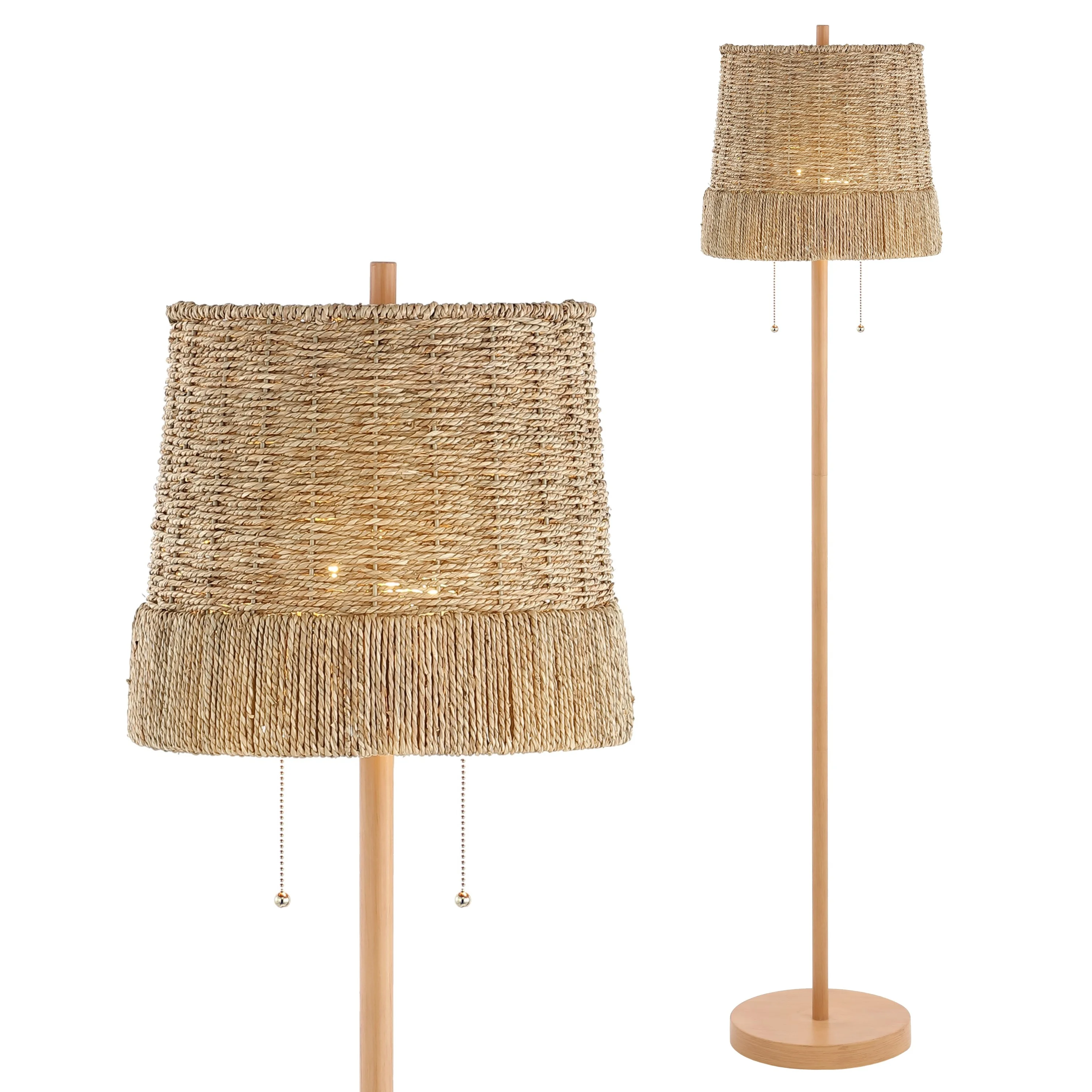 JONATHAN Y Ocata 61" 2-Light Coastal Bohemian Iron/Rattan LED Floor Lamp with Pull-Chain, Brown Wood Finish, JYL3091A