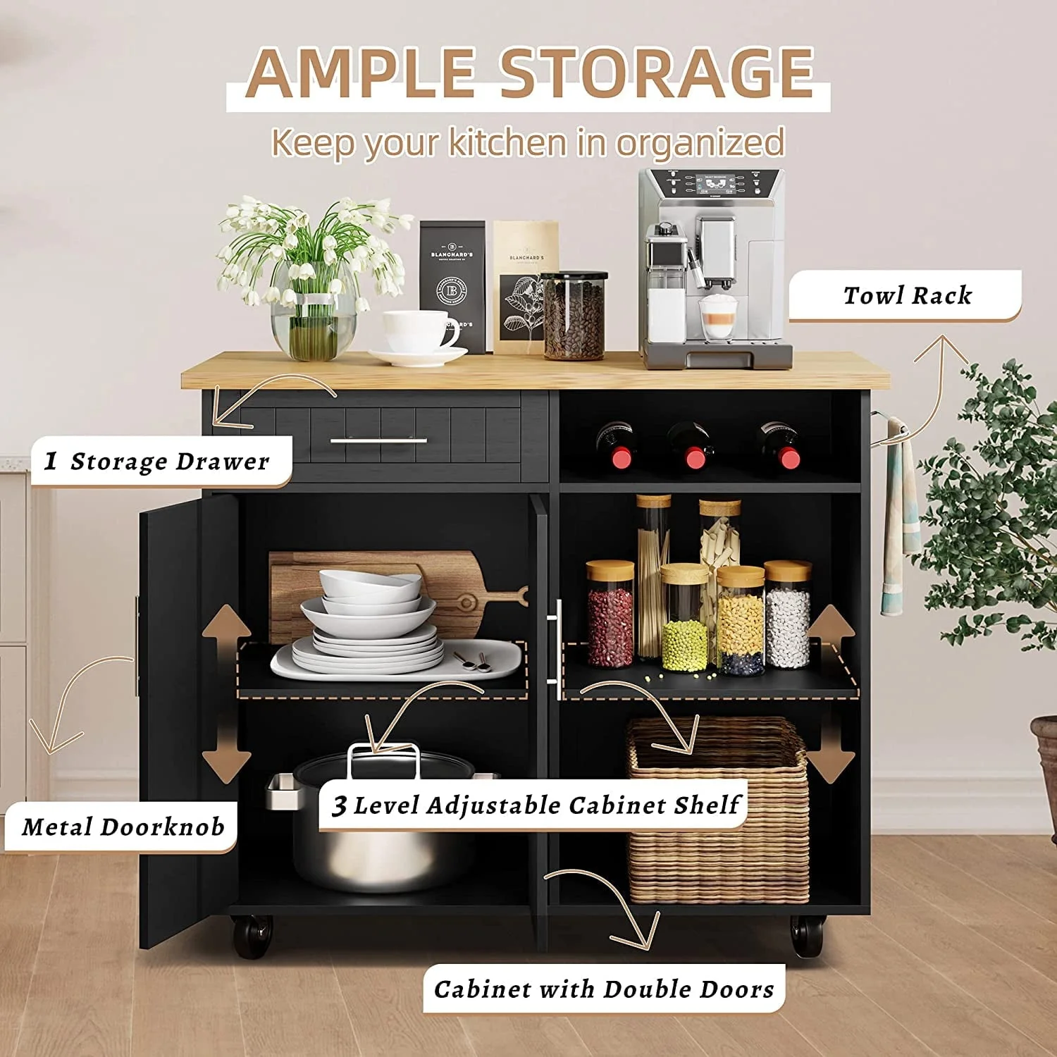 Sobaniilo Kitchen Island Cart with Storage,Rolling Kitchen Island Side Table on Wheels with Large Worktop,Storage Cabinet,Towel Rack and Drawers for Kitchen,Dinning Room,Black