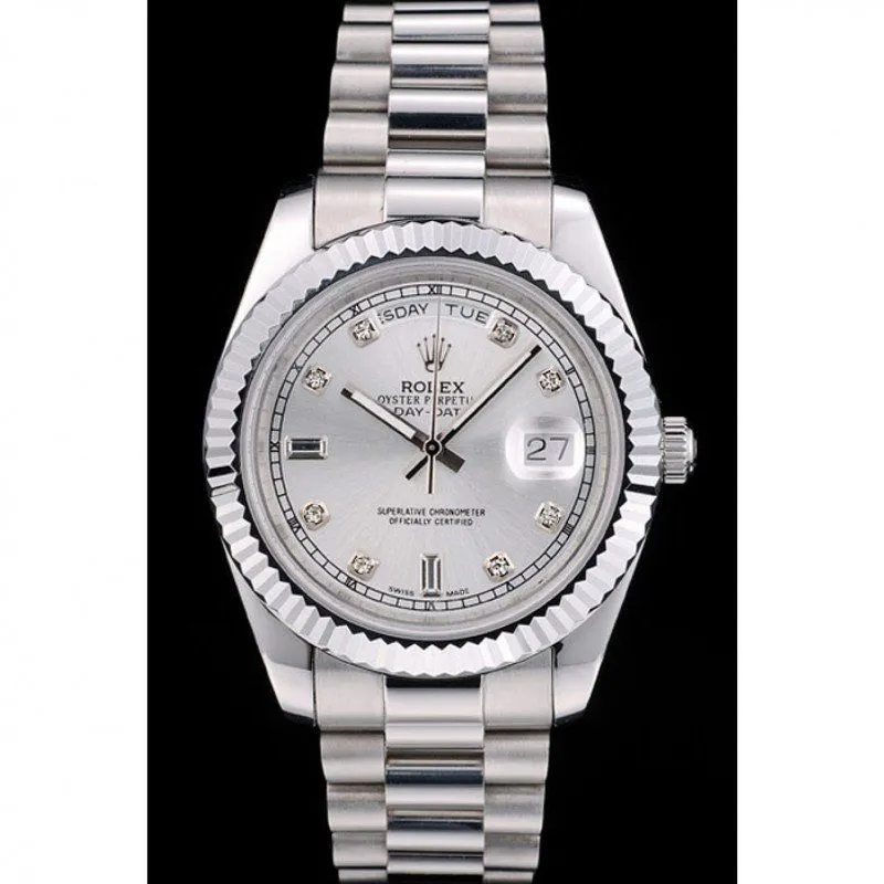 Swiss Rolex DayDate Stainless Steel Ribbed Bezel Silver Dial 41995
