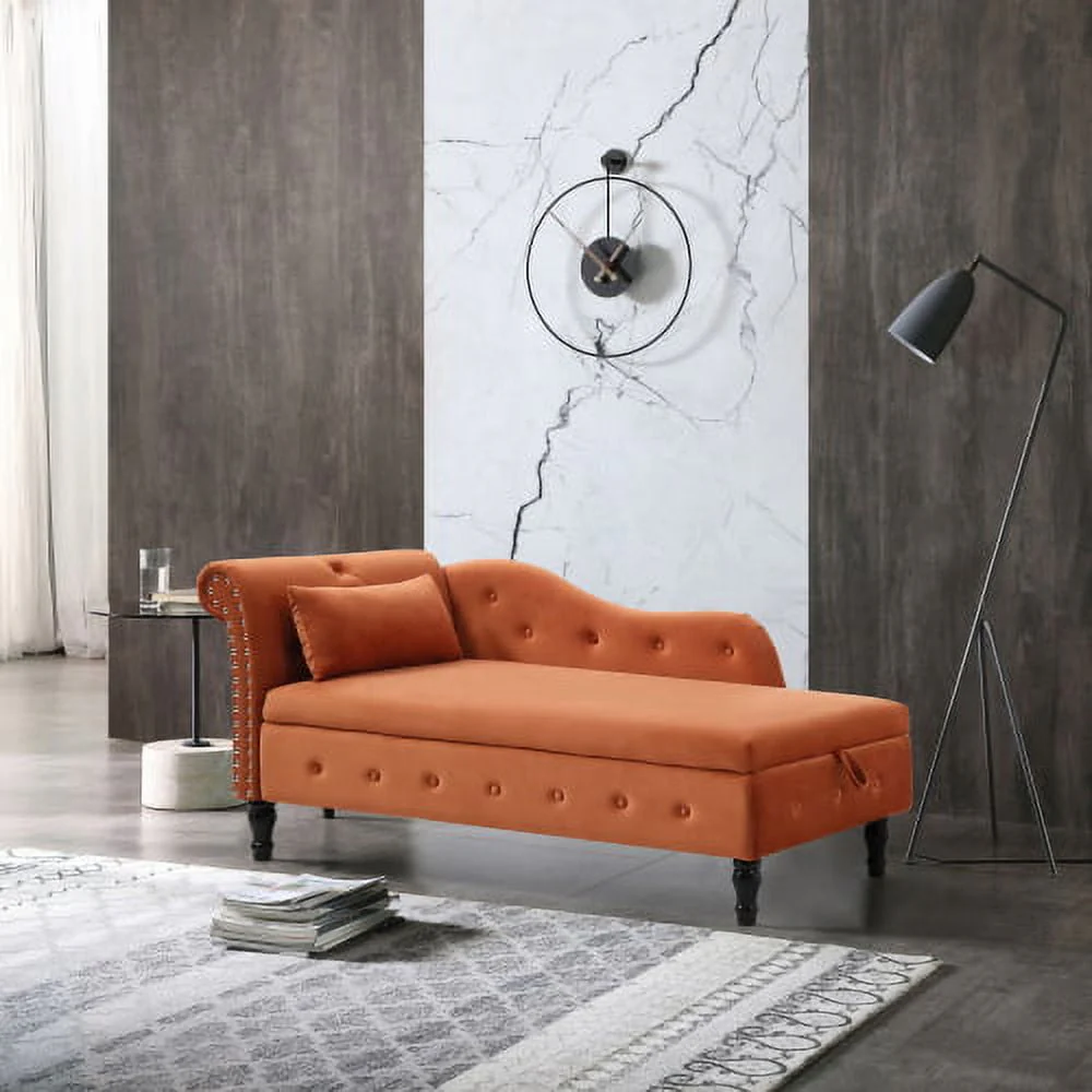 Velvet Chaise Lounge with Storage,Modern Upholstered Long Lounger with a Pillow and Solid Wood Legs,Multifunctional Sleeper Lounge Sofa for Living Room Bedroom Office,Orange