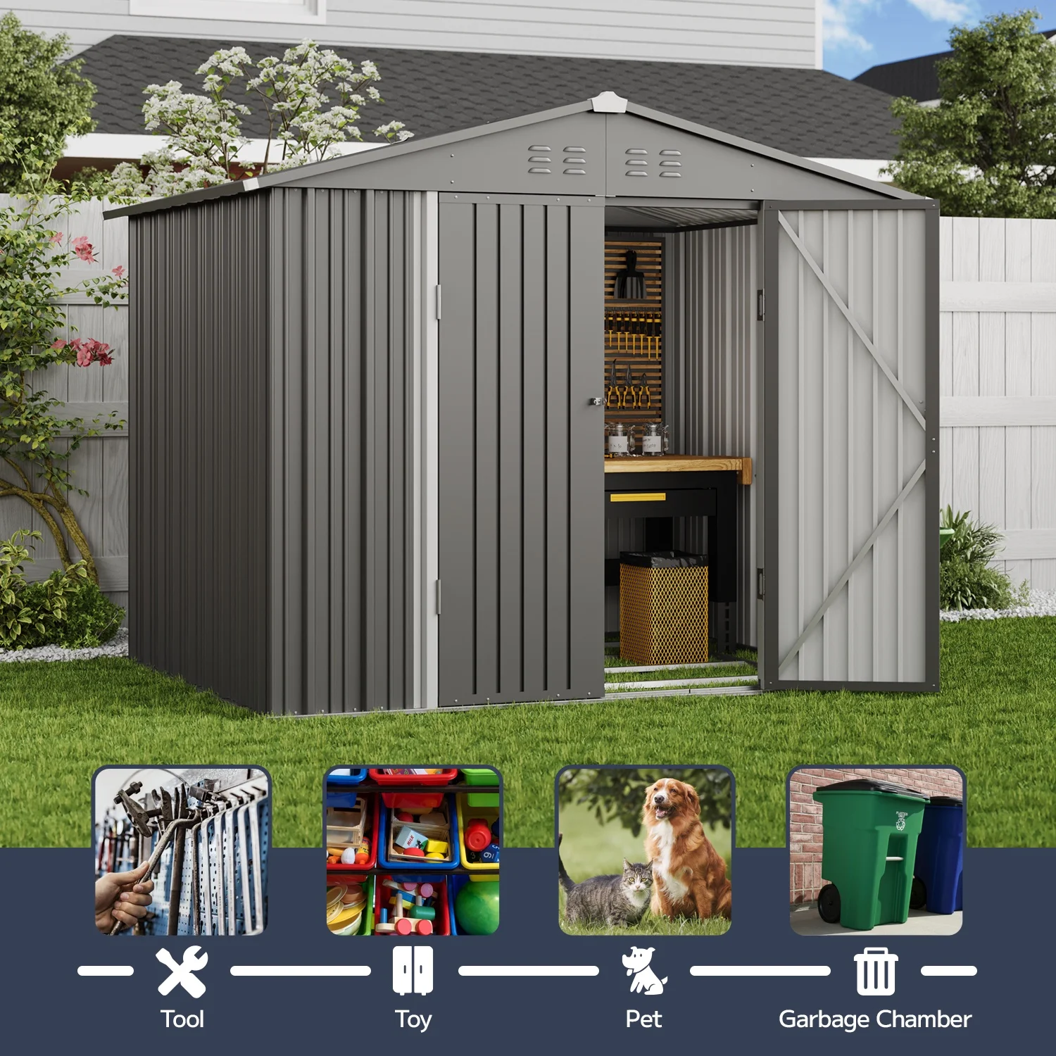 Asofer Outdoor Storage Shed Clearance with Sloping Roof, 8' x 6' Anti-Corrosion Storage Shed House, Gray