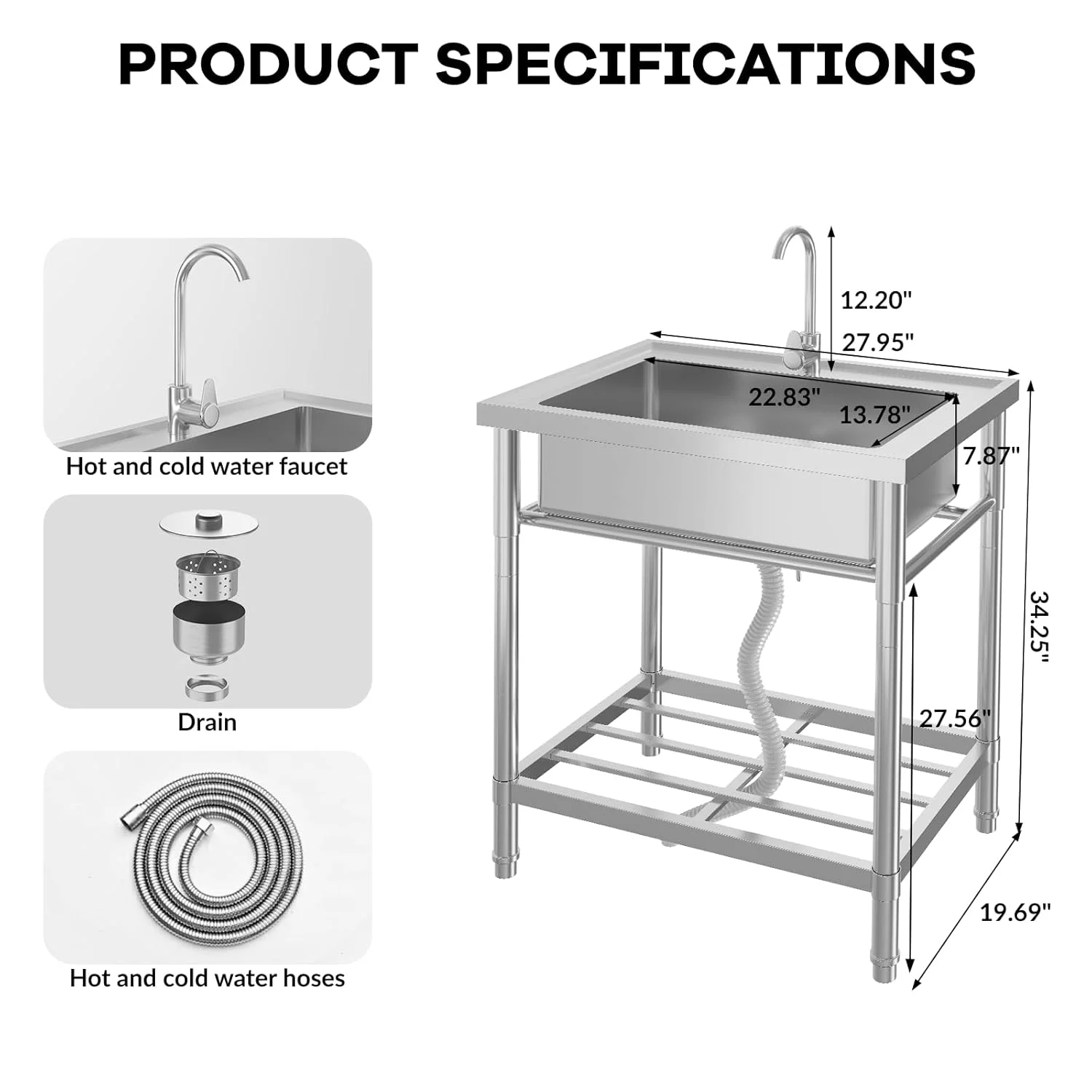 COZONY 28" Stainless Steel Utility Sink, Freestanding Kitchen Sink with Faucet, Storage Rack & Cold/Hot Water Pipe