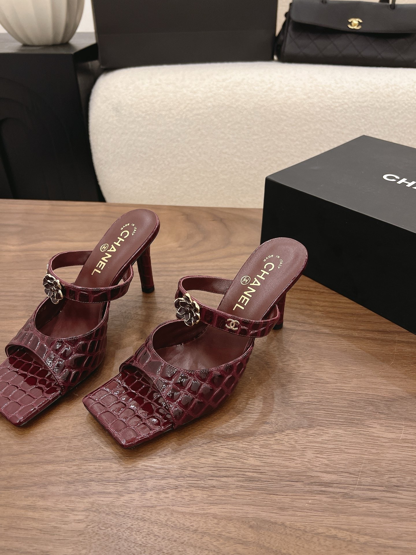 Chanel 26K Burgundy Camellia Buckle Croc-Embossed Leather Square Toe Sandals Mules Heels