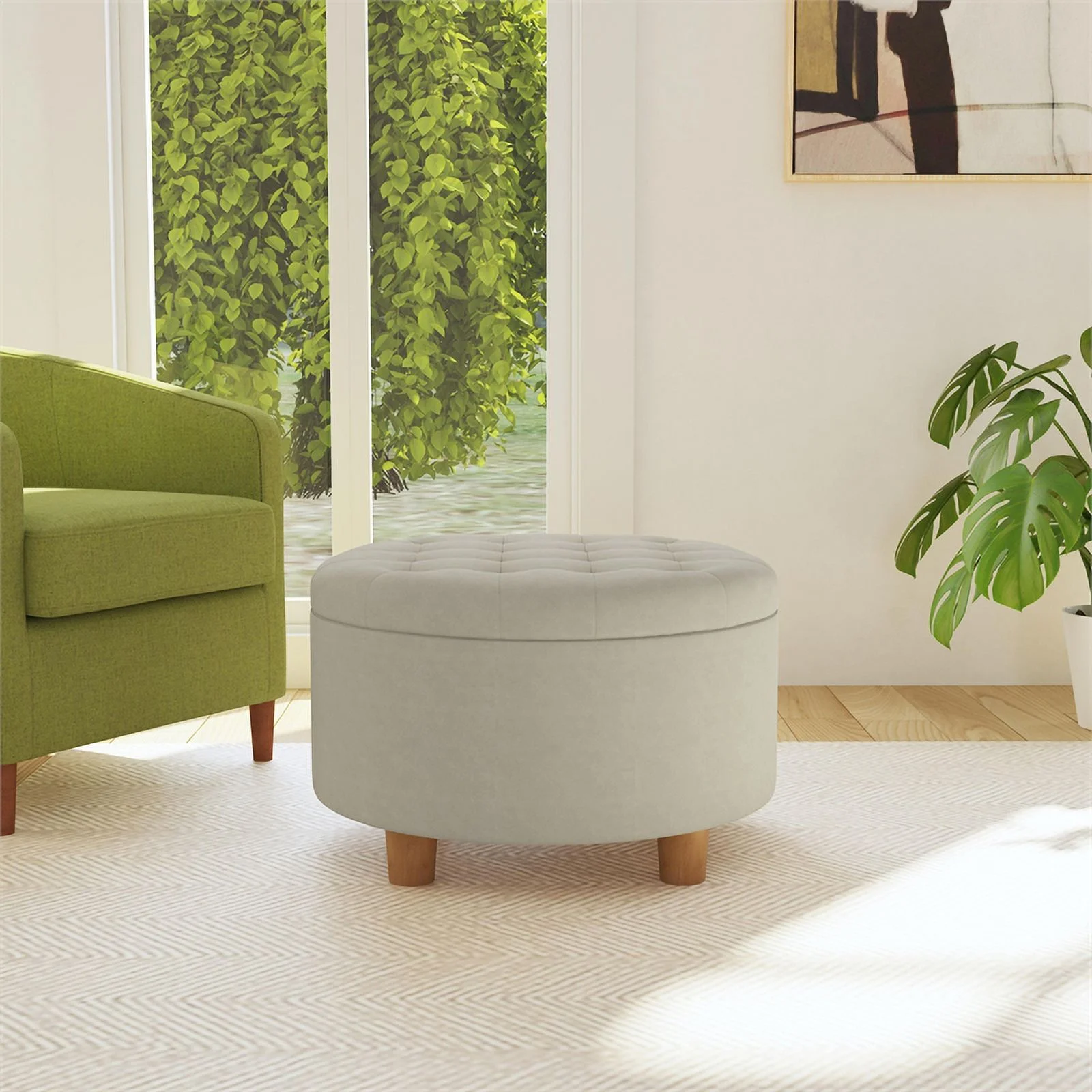 HomePop Large Round Button Tufted Storage Ottoman, Fawn Velvet