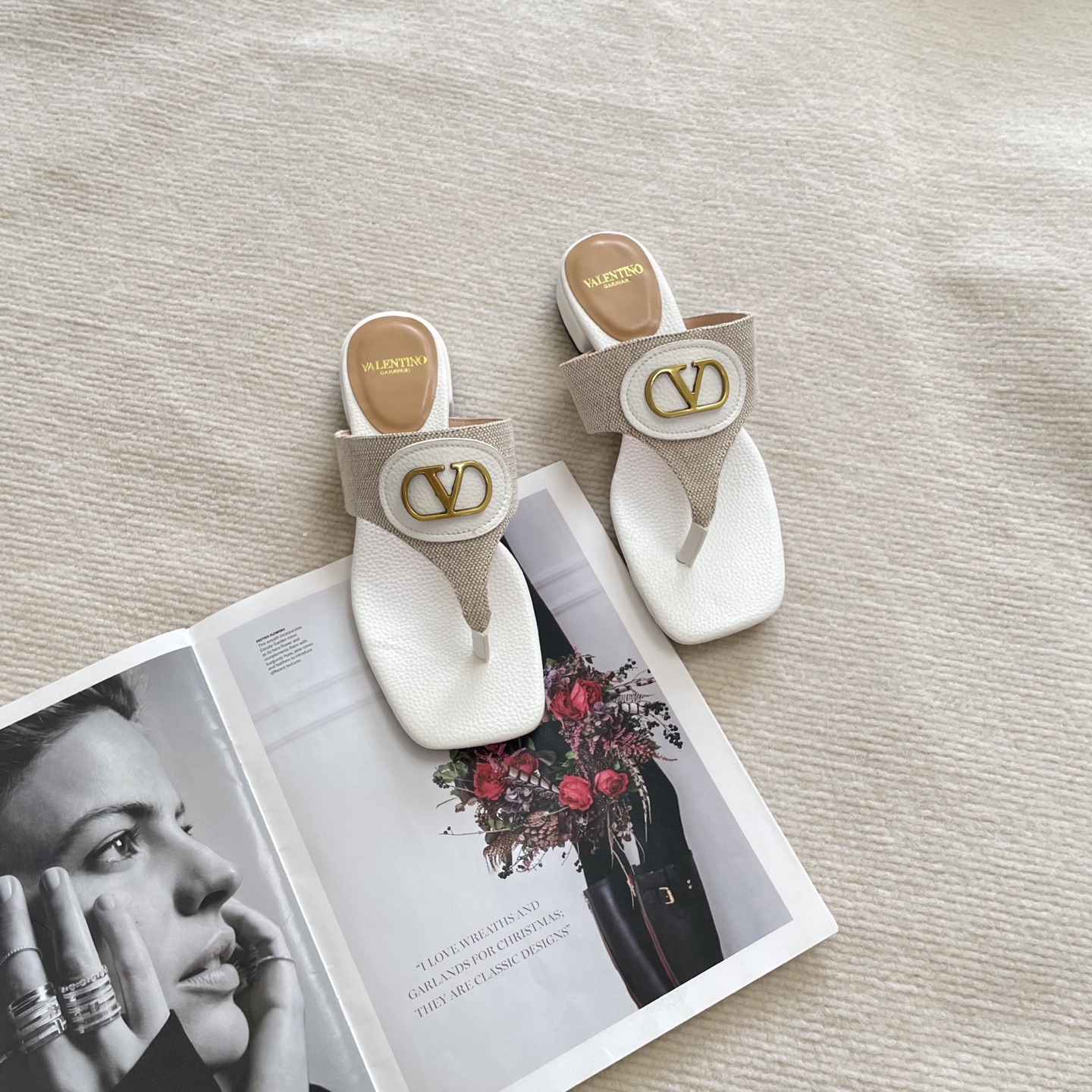 Valentino Garavani Gold VLogo Square Toe Canvas Grained Leather T-Strap Thong Sandals