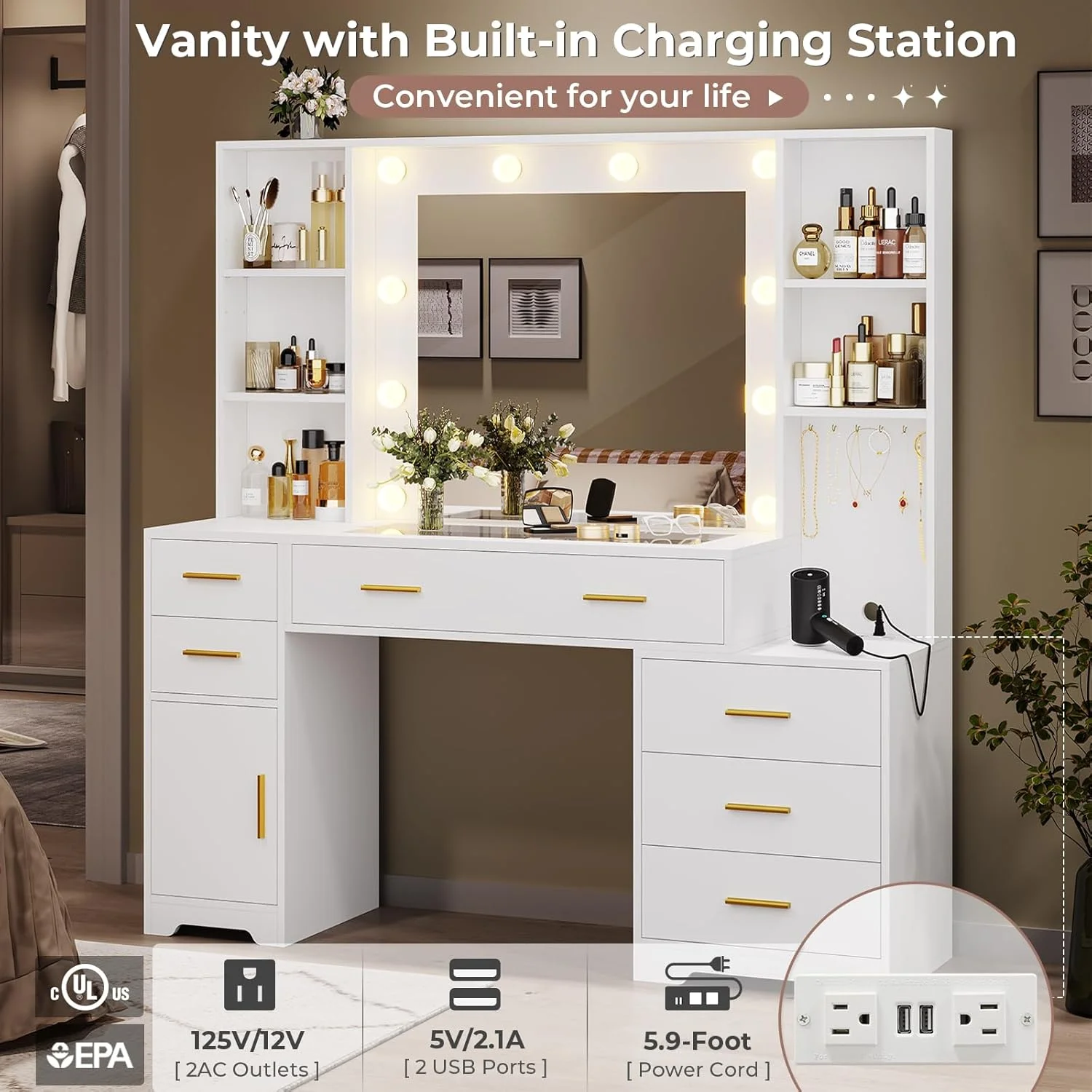 Aunfebrco White Vanity Desk Makeup Vanity Table with Mirror and Lights and Charging Station, Large Dressing Table with Storage Cabinet&6 Drawers&4 Storage Shelves for Bedroom