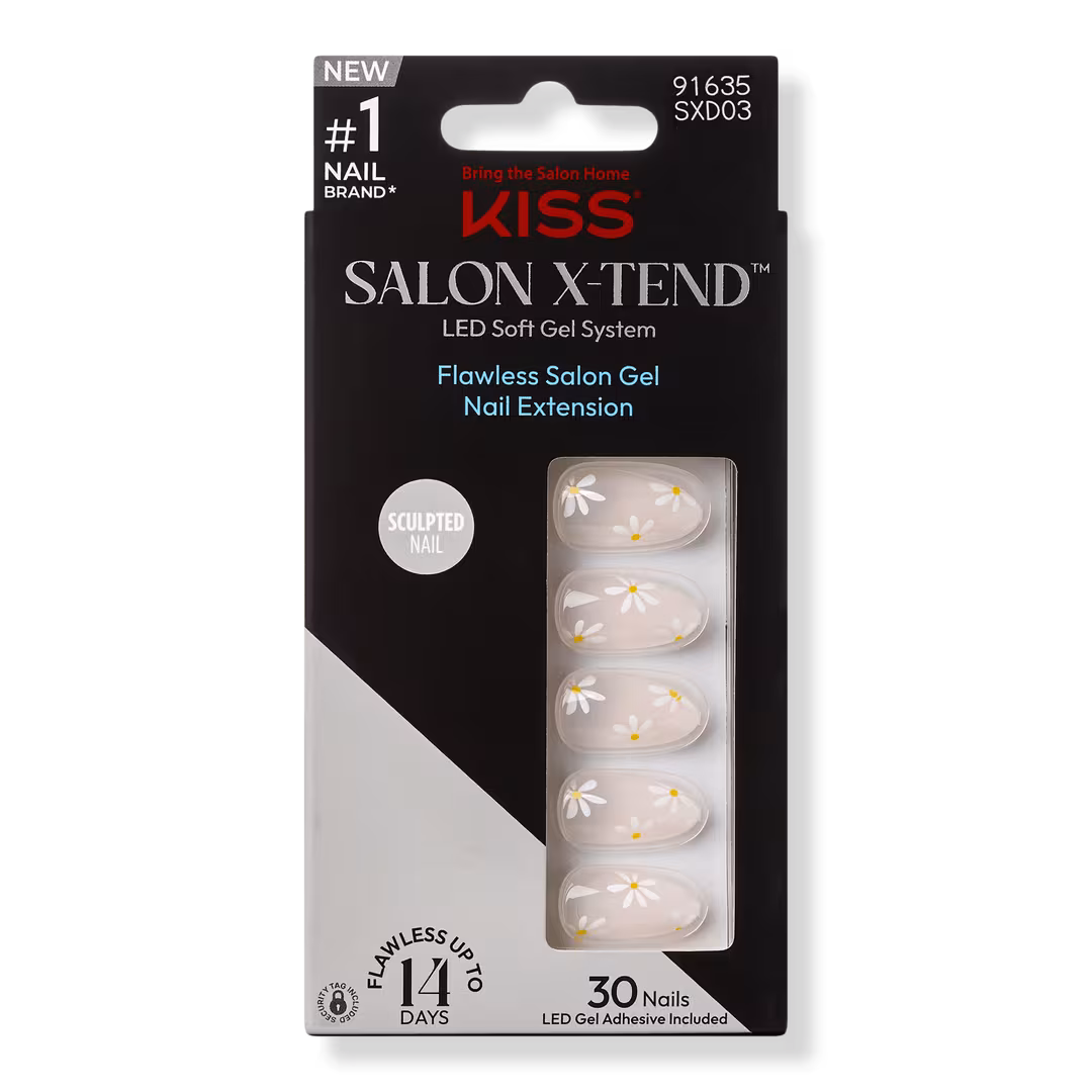 Kiss  Salon X-tend Medium Almond Press On Nails LED Gel Nails, Red Flags