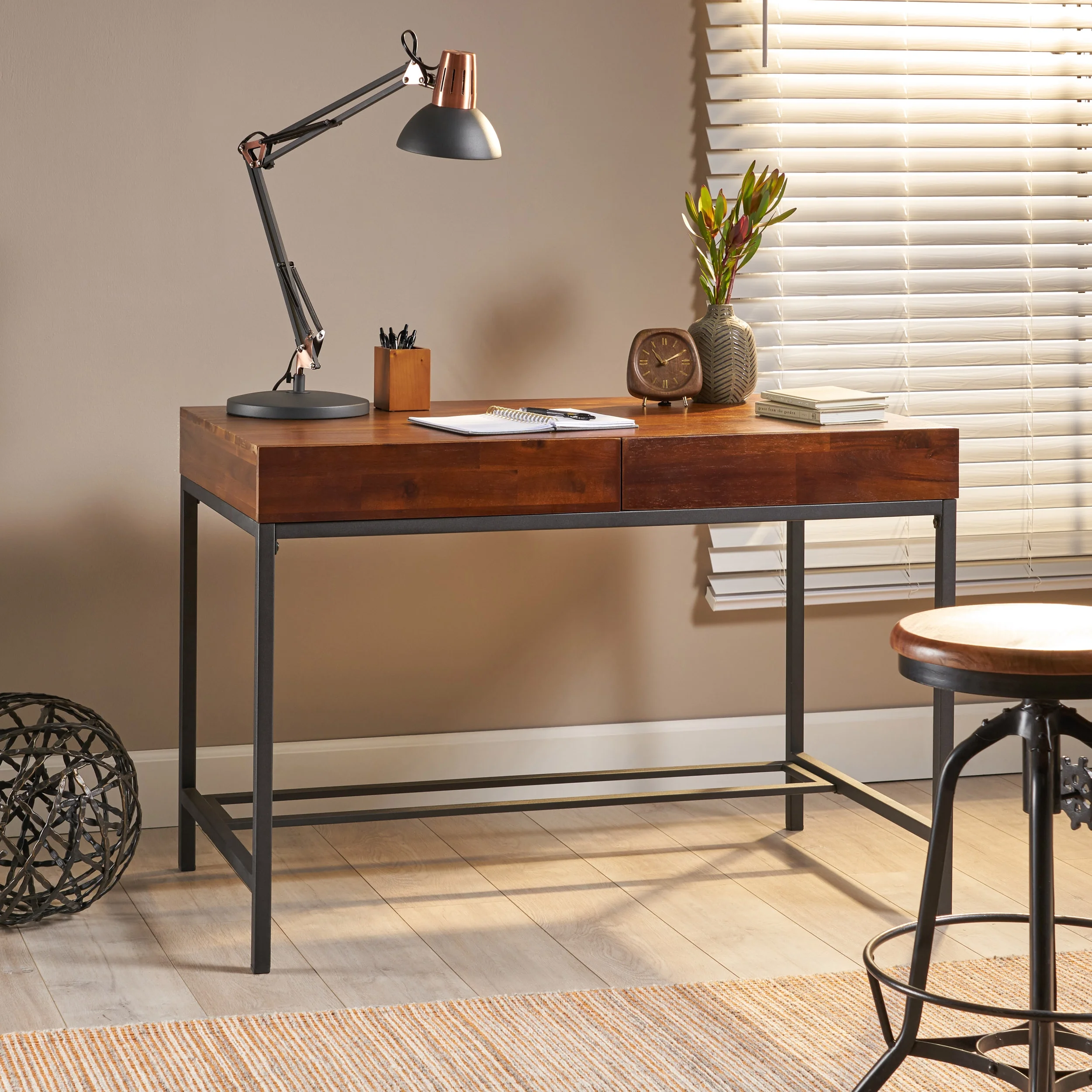 GDF Studio Elrod Industrial Dark Oak Acacia Wood Storage Desk with Rustic Metal Iron Accents
