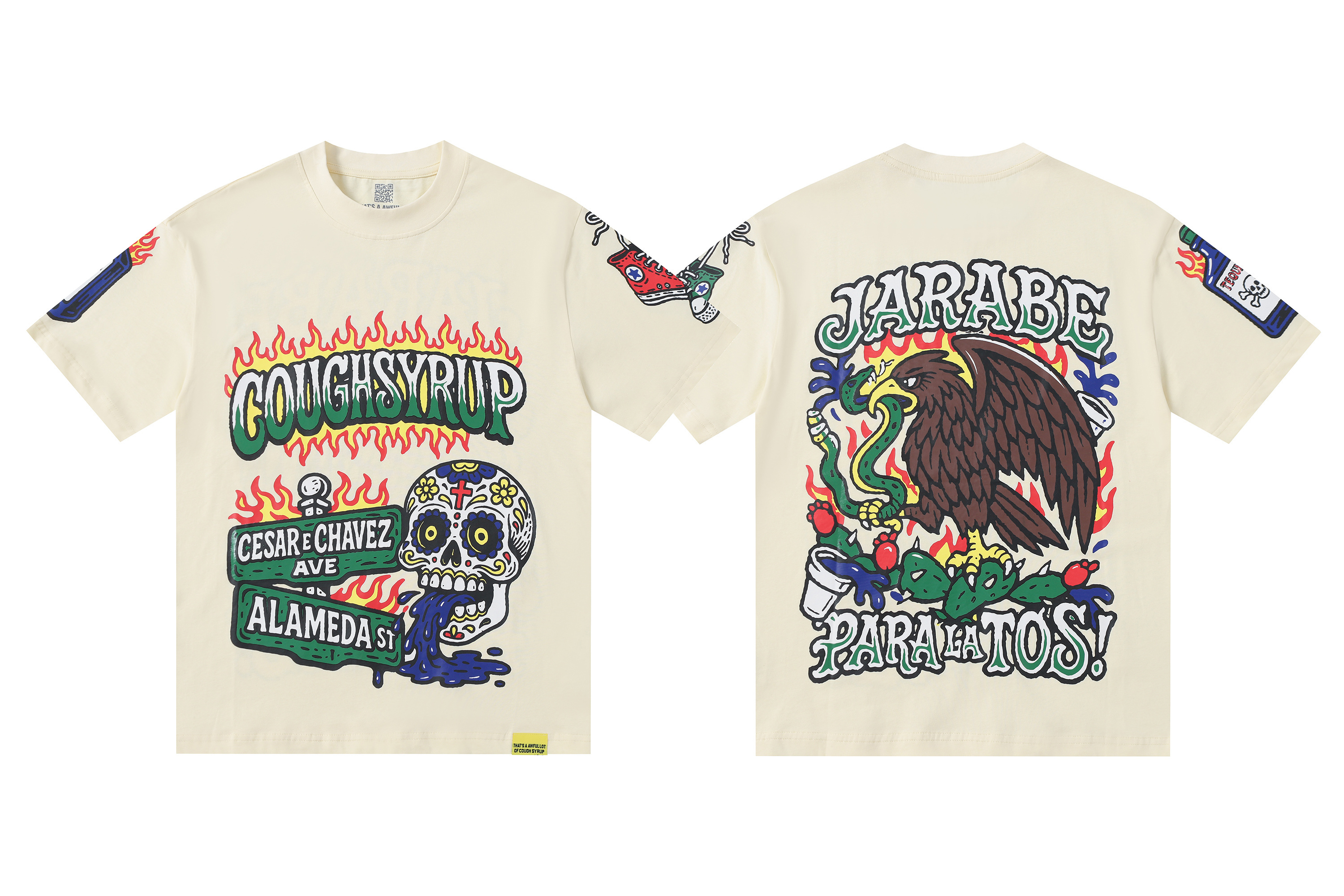 Short-sleeved T-shirt with apricot background, skull and eagle graffiti print