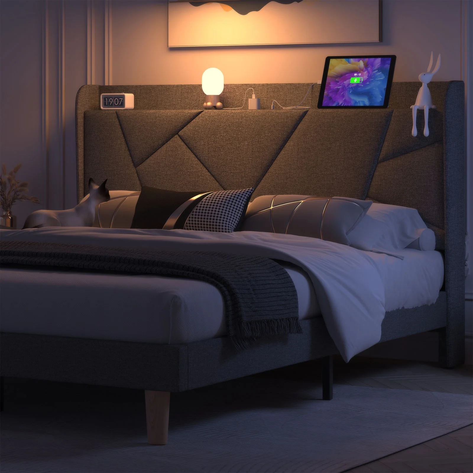 NISIEN Queen Bed Frame with Charging Station, Upholstered Platform Bed with Wingback Storage Headboard, Dark Gray