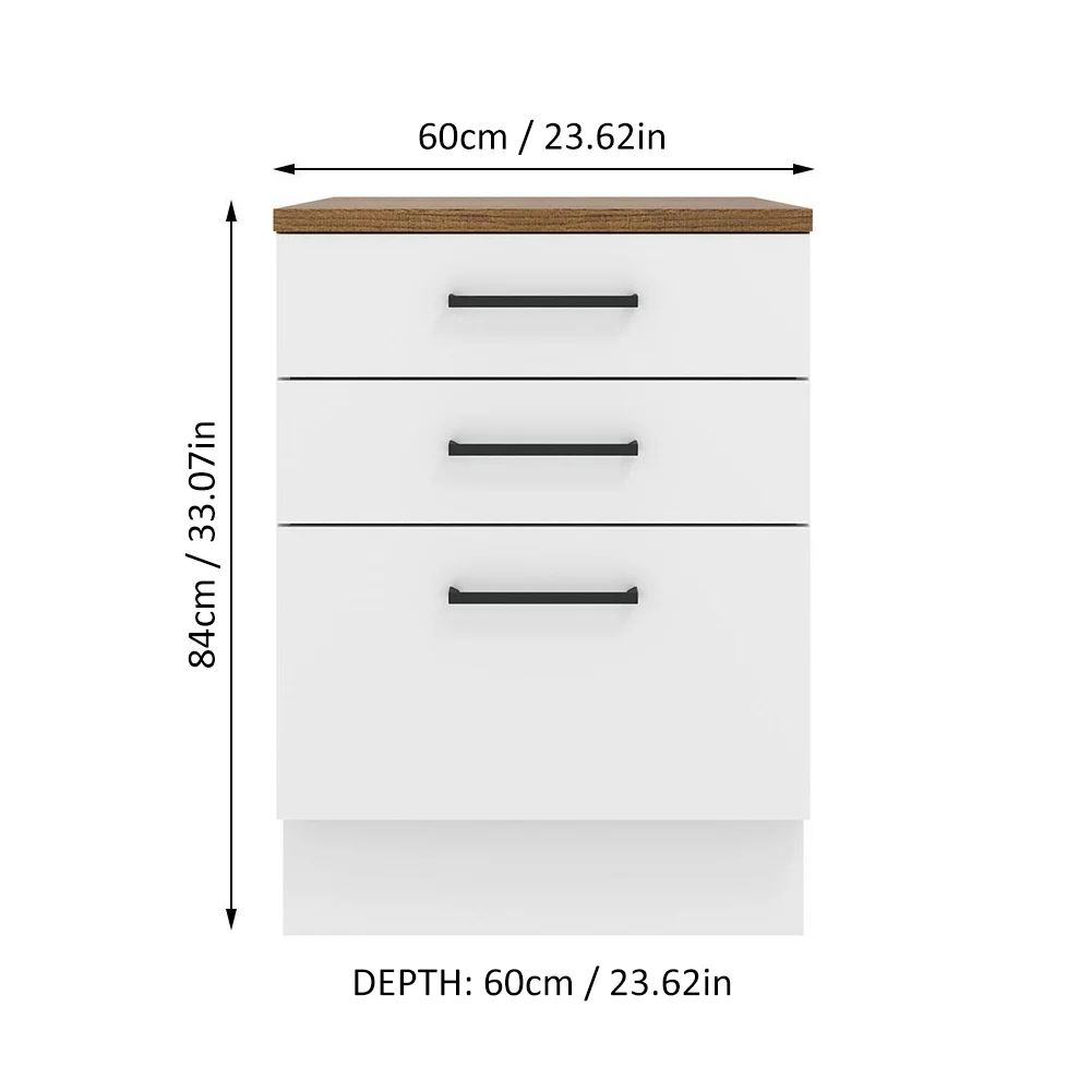 Madesa Hazel Kitchen Storage Base Cabinet with 3 Drawers 23 Inch Wide Engineered Wood Painted Finish Floor Mount Removable Plinth - White