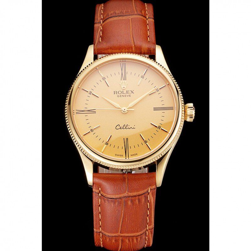 Swiss Rolex Cellini Gold Dial Roman Numerals Gold Case Light Brown Leather Strap