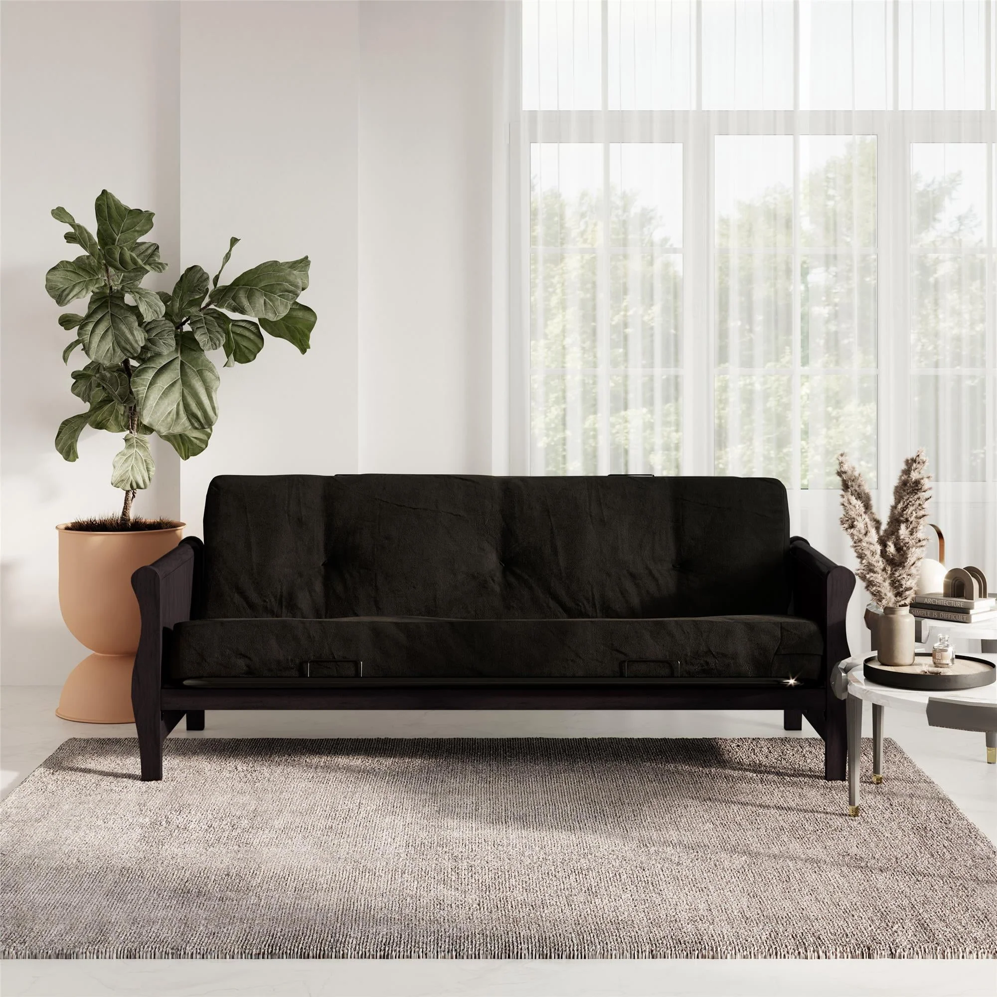 DHP Full Size Espresso Wood Arm Futon Frame with 8" Microfiber Futon Mattress, Black