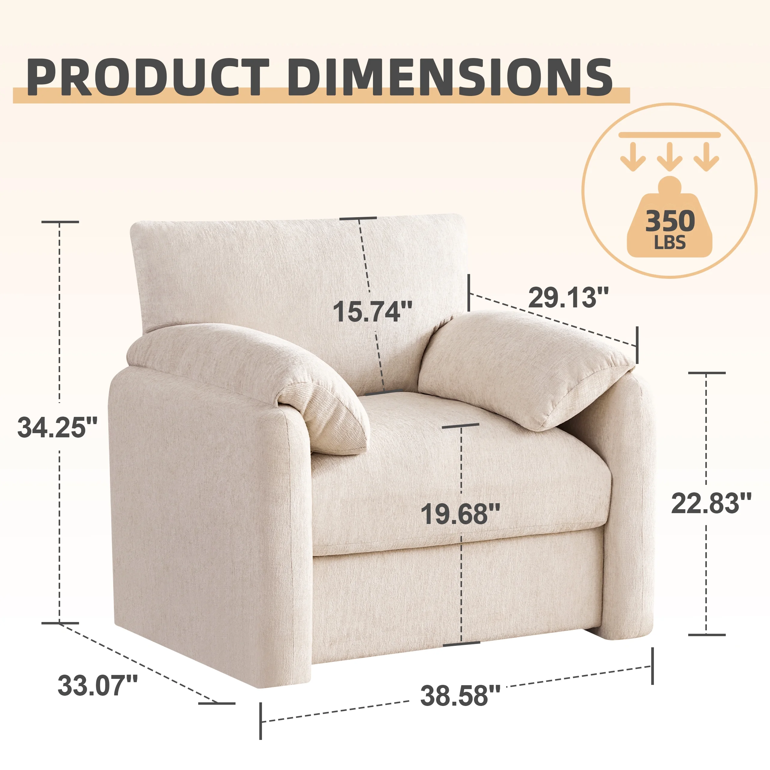 Chenille Oversized Armchair, 38.6" Wide Accent Chairs for Living Room & Bedroom Modern Lounge Chair, Upholstered Mid-Century Reading Chair, Comfy Living Room Chair, Single Sofa Chair, Beige